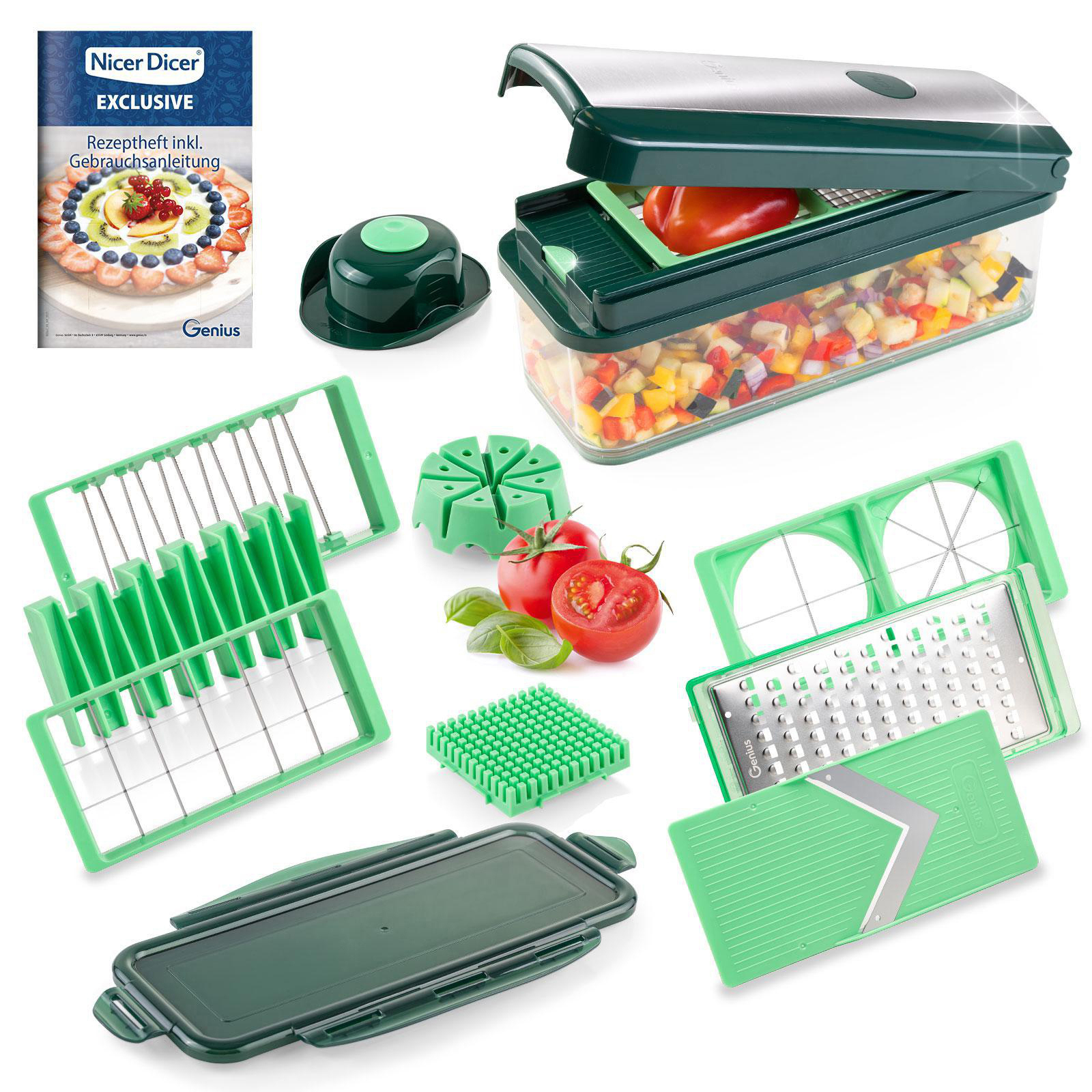Küchenwerkzeug-Set, Nicer Dicer Exclusive. Beinhaltet verschiedene Schneide- und Reibewerkzeuge.