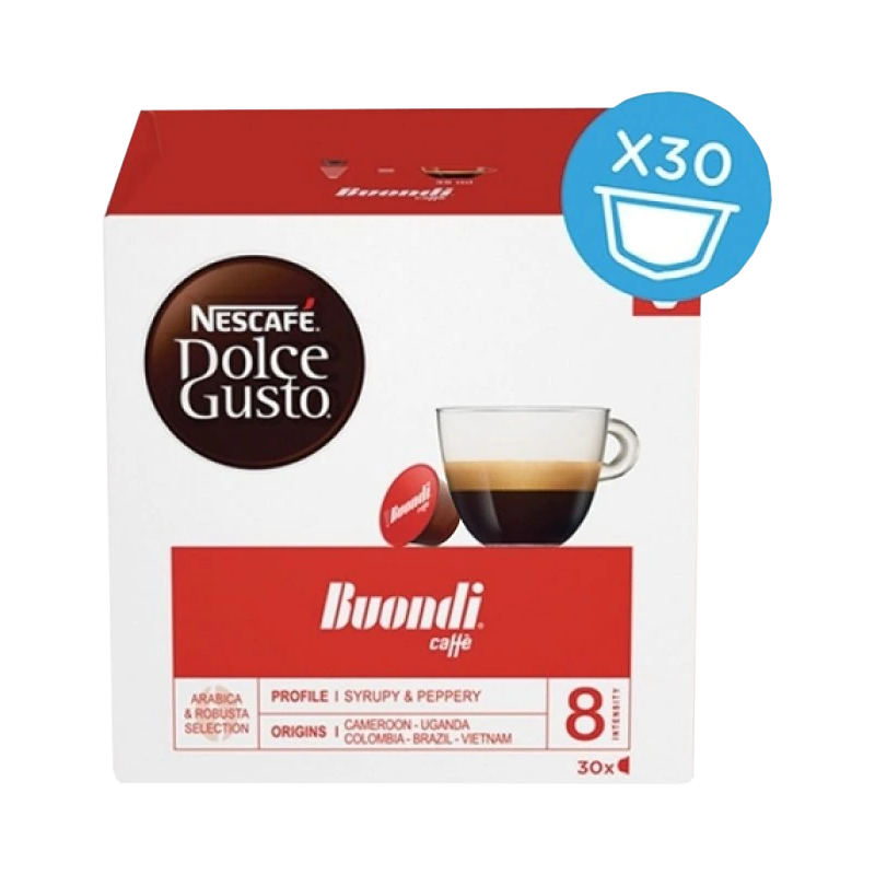 Una scatola di capsule di caffè Nescafe Dolce Gusto Buondi con l'immagine di una tazza di caffè.