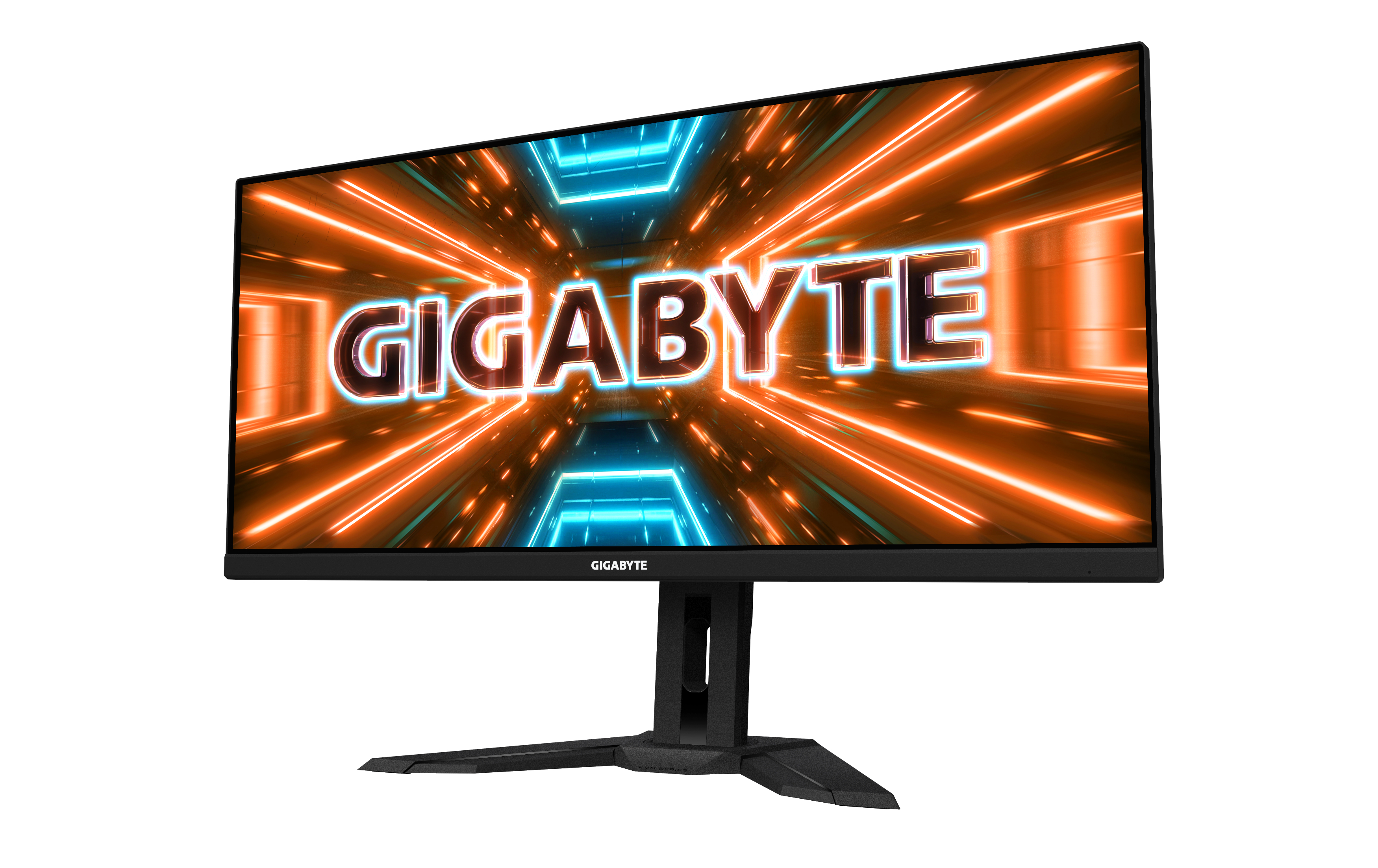 Gigabyte-Monitor mit buntem orange-blauem Hintergrund.