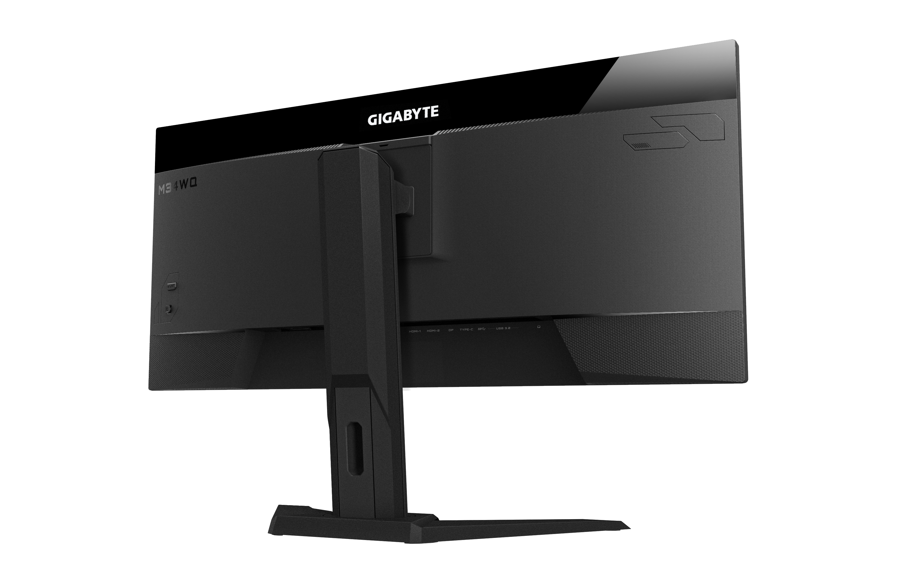Rückseite eines schwarzen Computermonitors. Mit Gigabyte-Logo und sichtbaren Anschlüssen. Seitlich abgewinkelt.