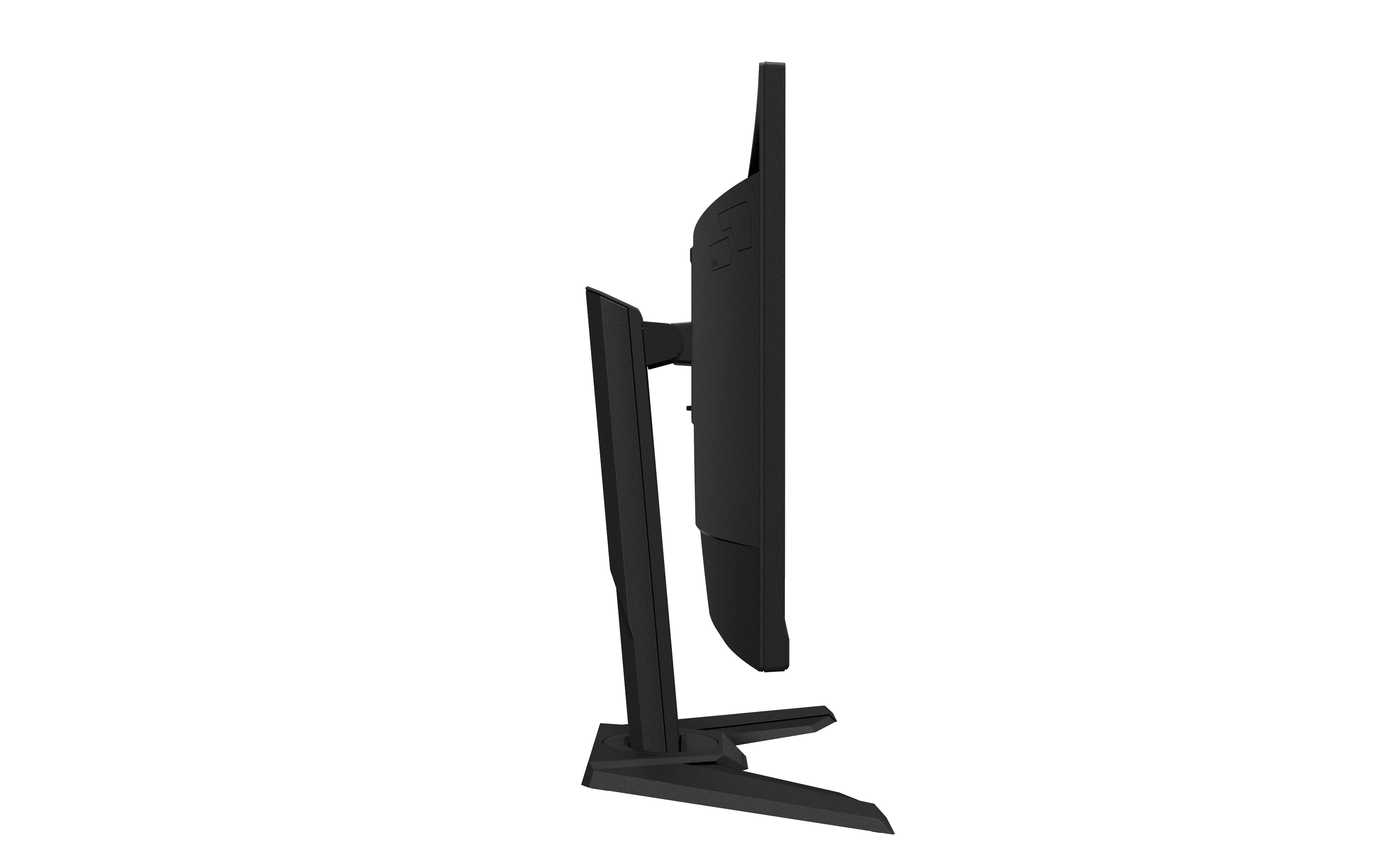 Seitenansicht eines schwarzen Computermonitors auf einem schwarzen Ständer, vor weißem Hintergrund.