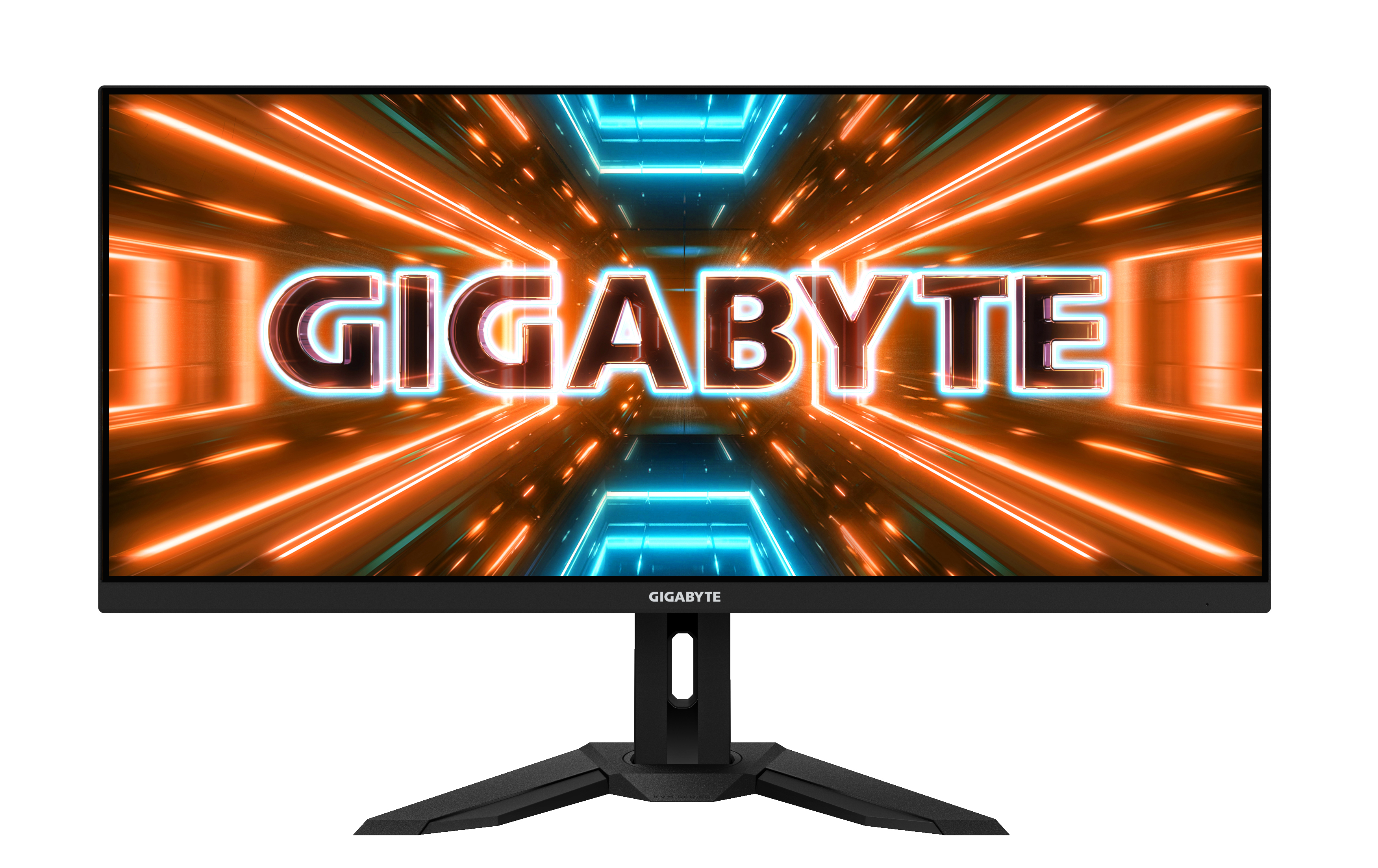 Computer-Monitor: Schwarzer Rahmen mit einem Bildschirm, der ein helles orangefarbenes und blaues abstraktes Design zeigt, GIGABYTE-Text.