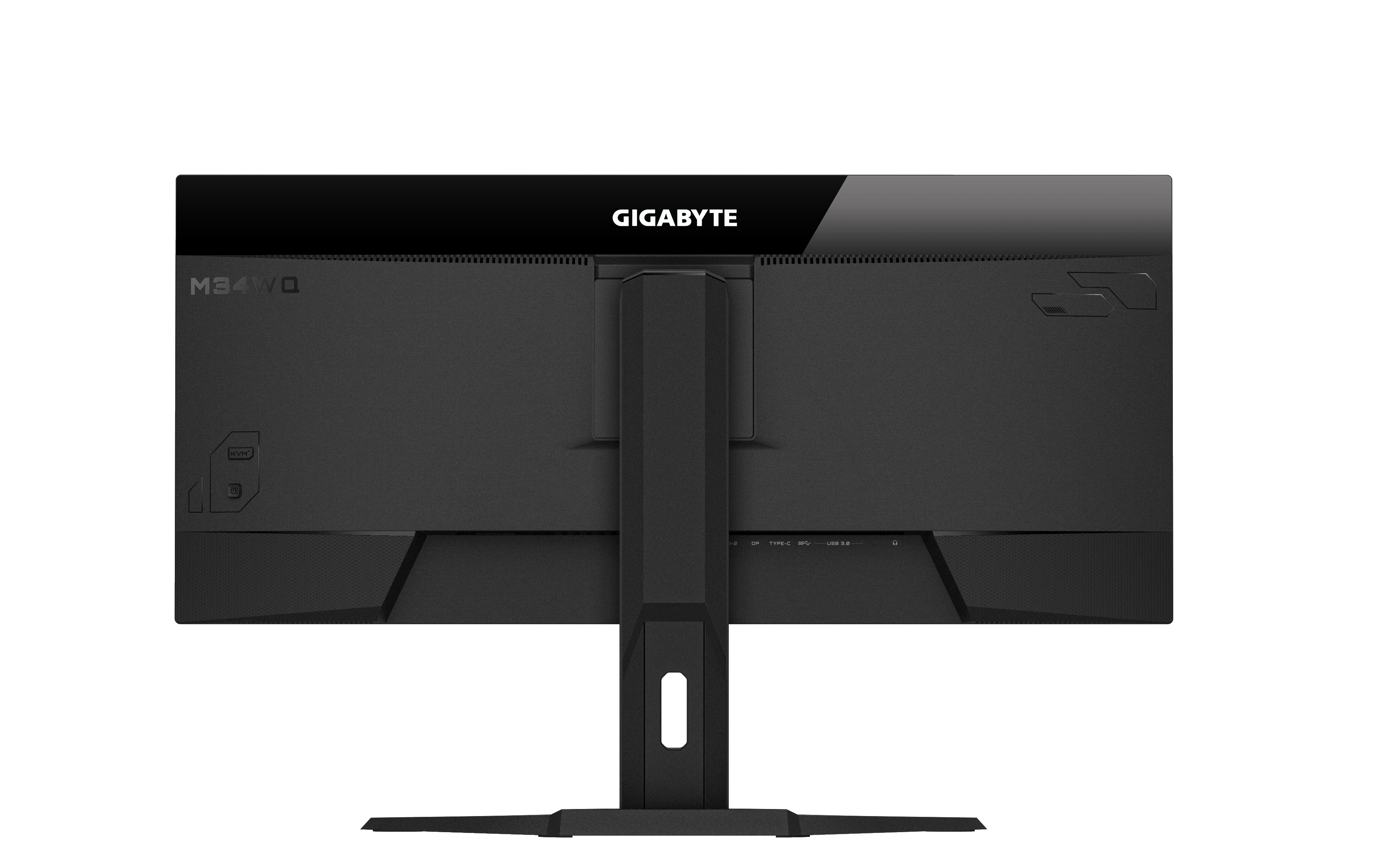 Schwarzer Computermonitor mit Ständer. Die Rückseite des Monitors hat mehrere Anschlüsse.