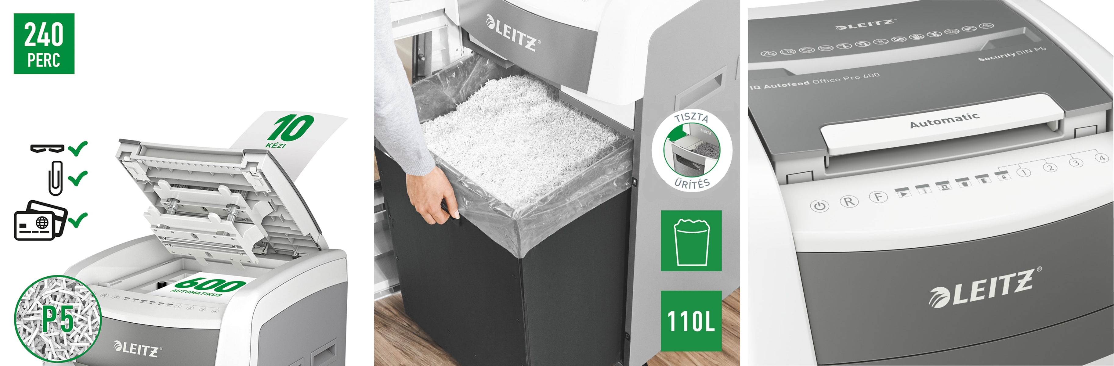 Egy Leitz iratmegsemmisítő gép három felvétellel: felülről, a tartály belsejében és a vezérlőpanelen, szöveggel.