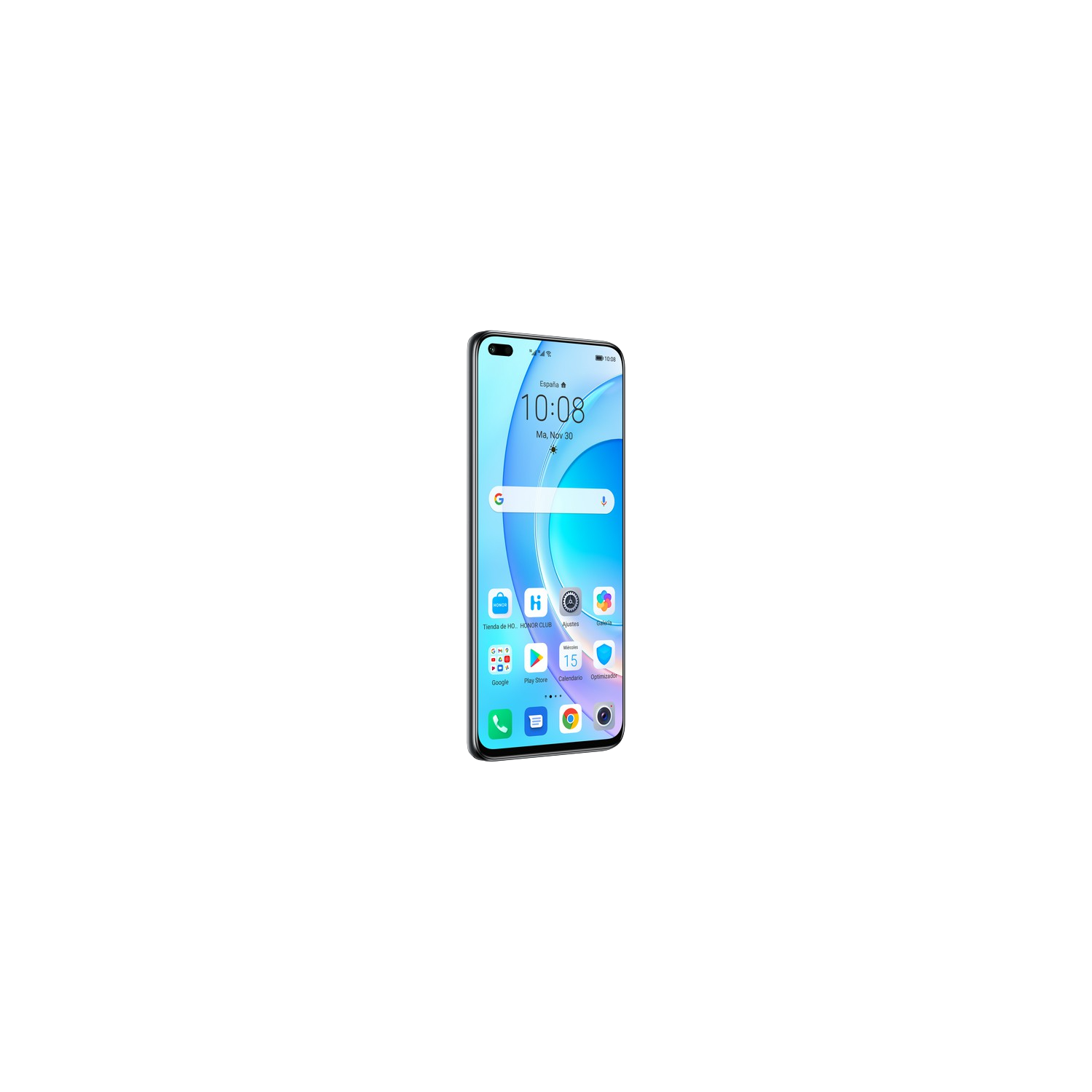 Un teléfono celular con una pantalla azul y blanca. La hora es 10:08 AM. El fondo es negro.