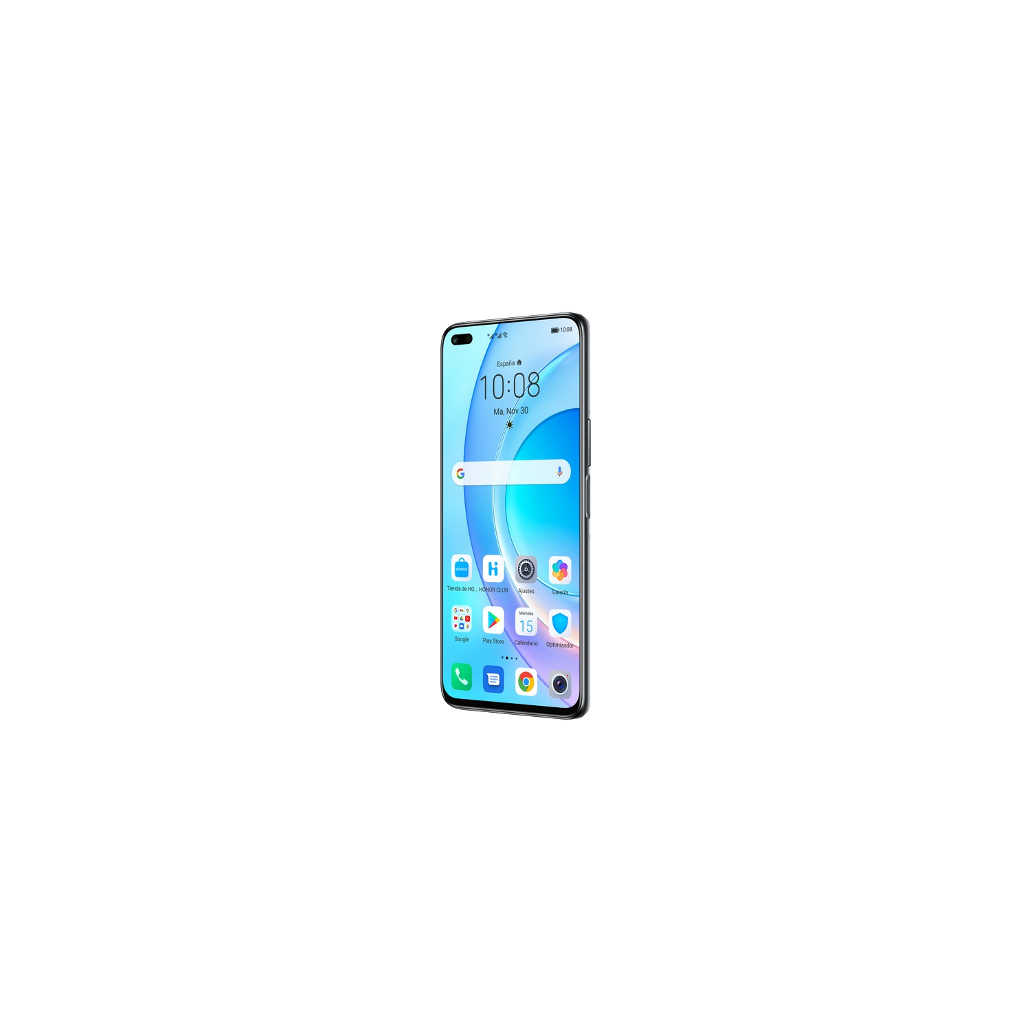 Smartphone sobre fondo negro. La pantalla muestra la hora e iconos de aplicaciones. Azul y blanco.