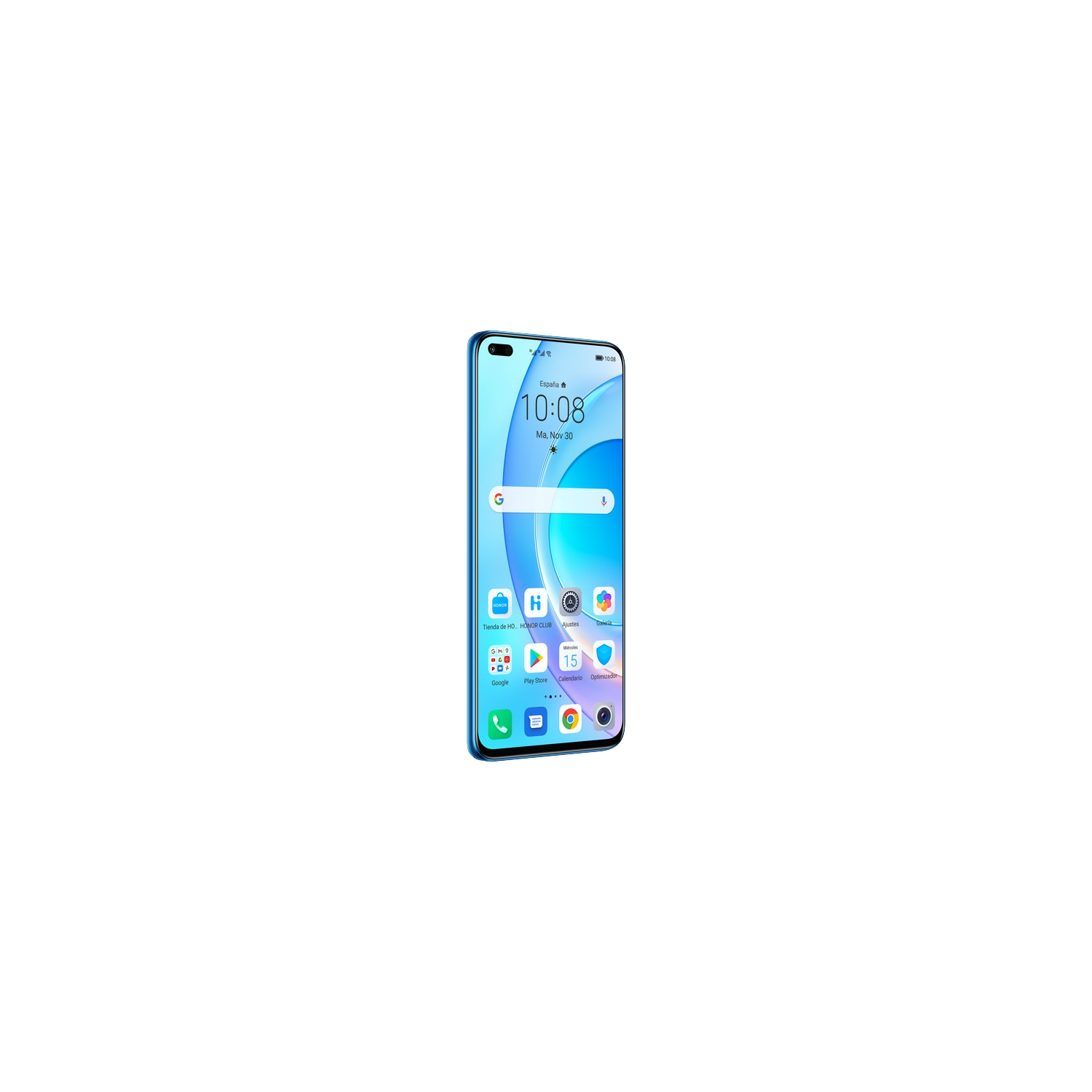 Un teléfono inteligente azul con un marco azul claro sobre un fondo negro. La hora en la pantalla es 10:08.