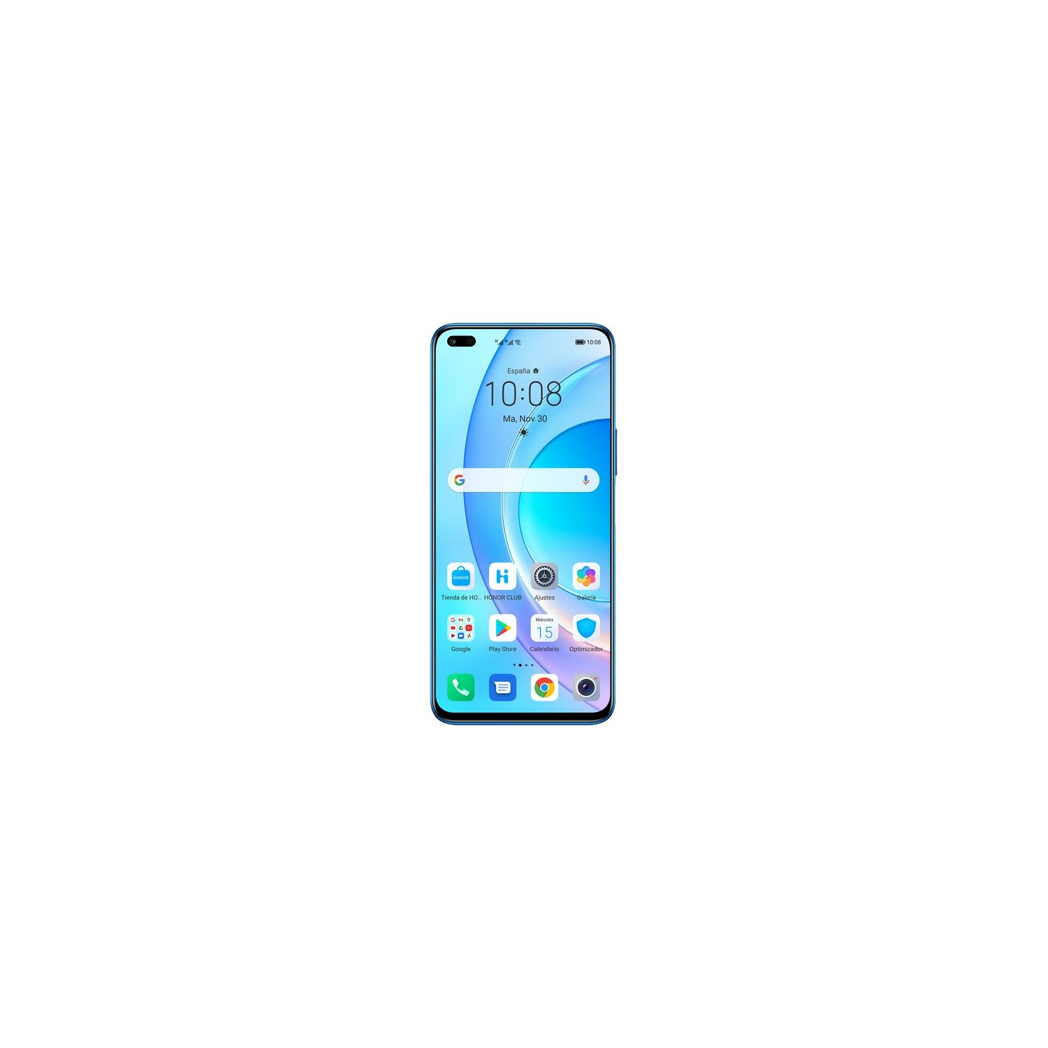Un teléfono inteligente sobre un fondo negro, mostrando la pantalla de inicio.