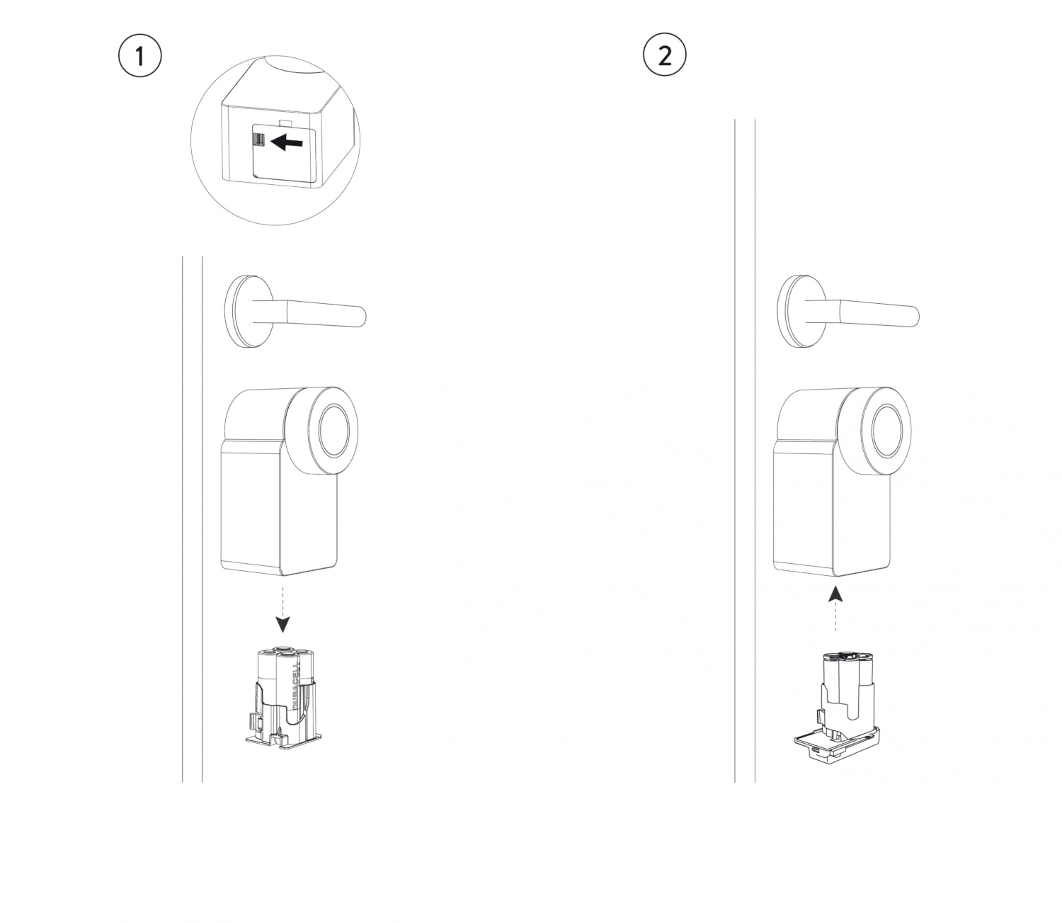 Lijntekening van de installatiestappen van het deurslot: 1) batterijklep verwijderen. 2) slot installeren.