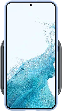 Blue phone in a case on a wireless charger, with a blue background.