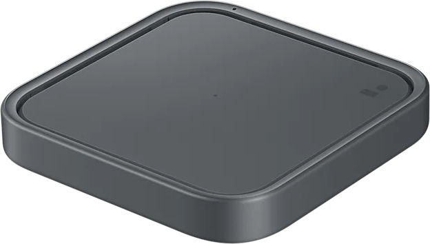 Dark grey wireless charging pad with a square design and subtle indicator lights.