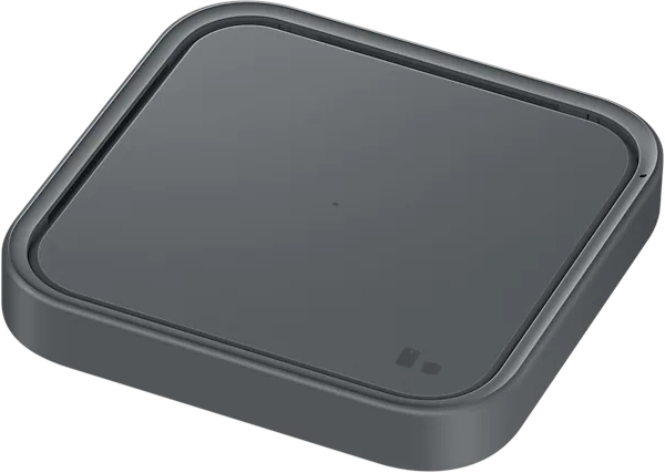 Dark grey wireless charger with a square shape.