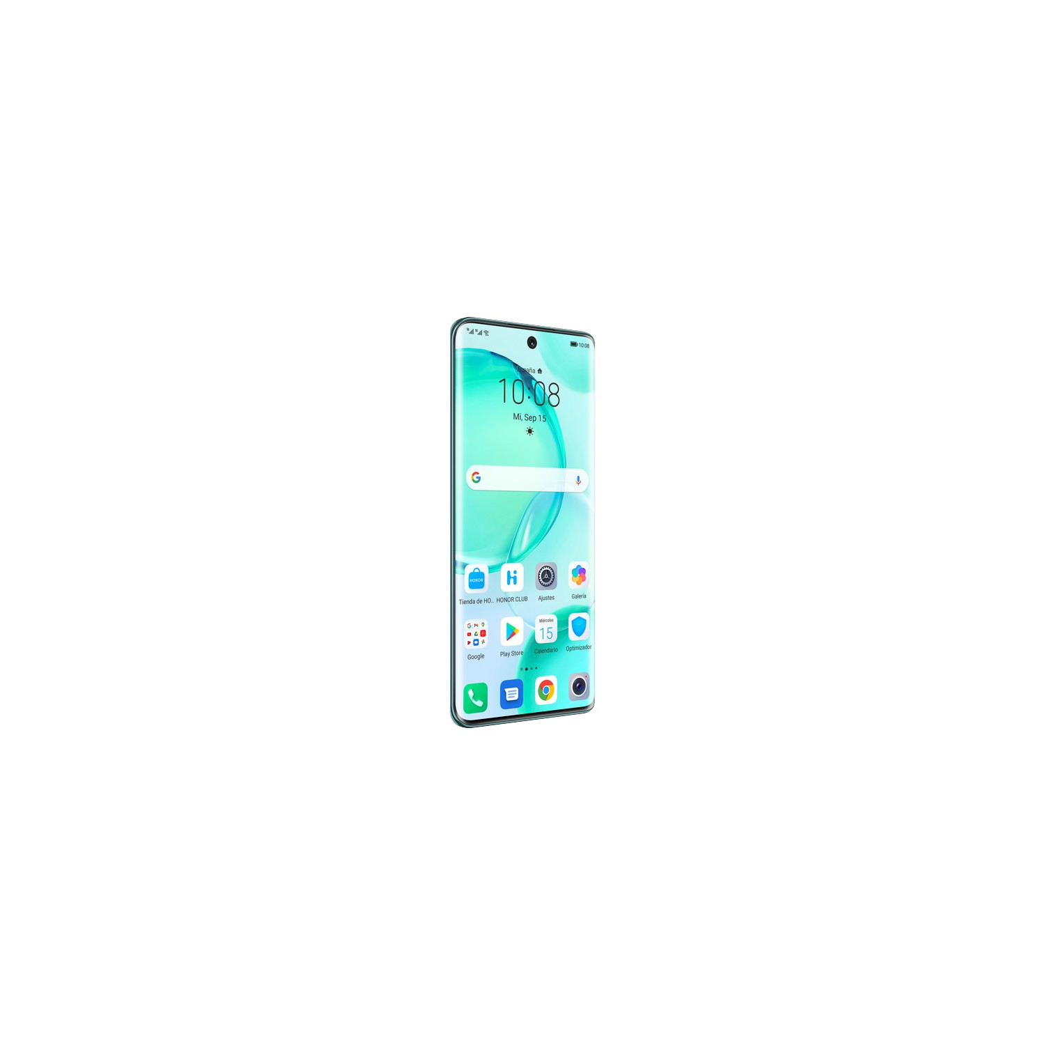 Un teléfono celular se muestra en posición vertical, con un fondo negro.