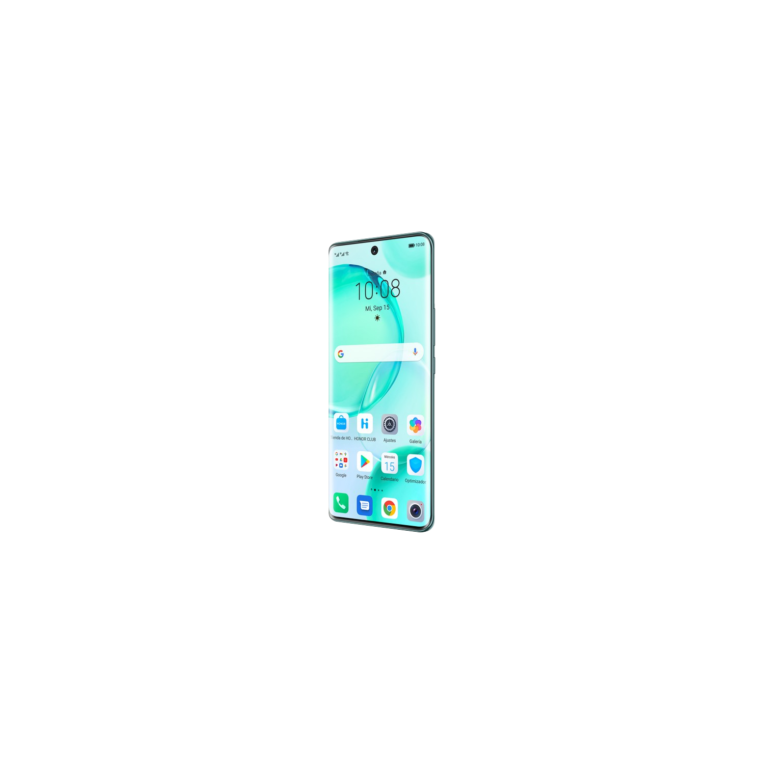 Un smartphone con pantalla verde, mostrando la hora y aplicaciones.