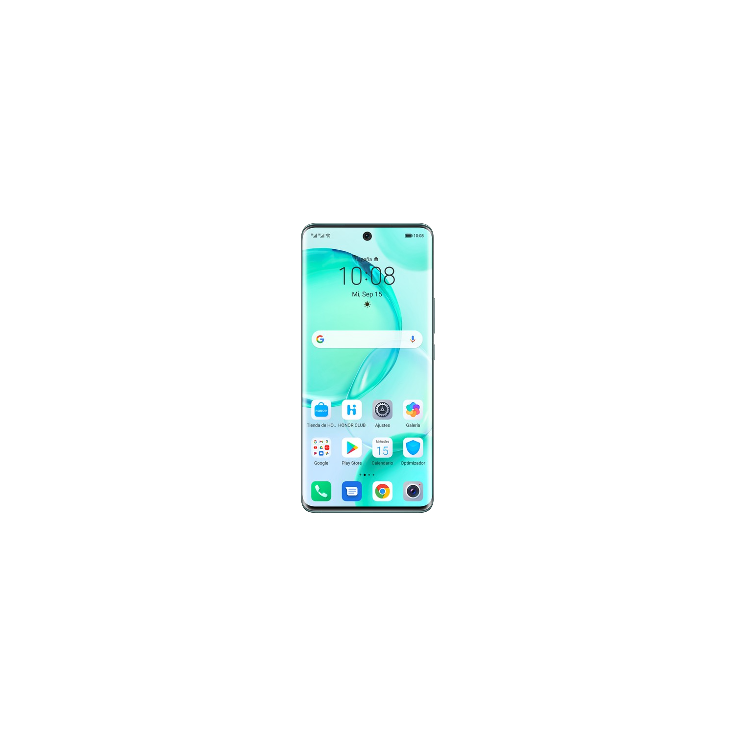 Smartphone con pantalla verde claro, mostrando hora e iconos.