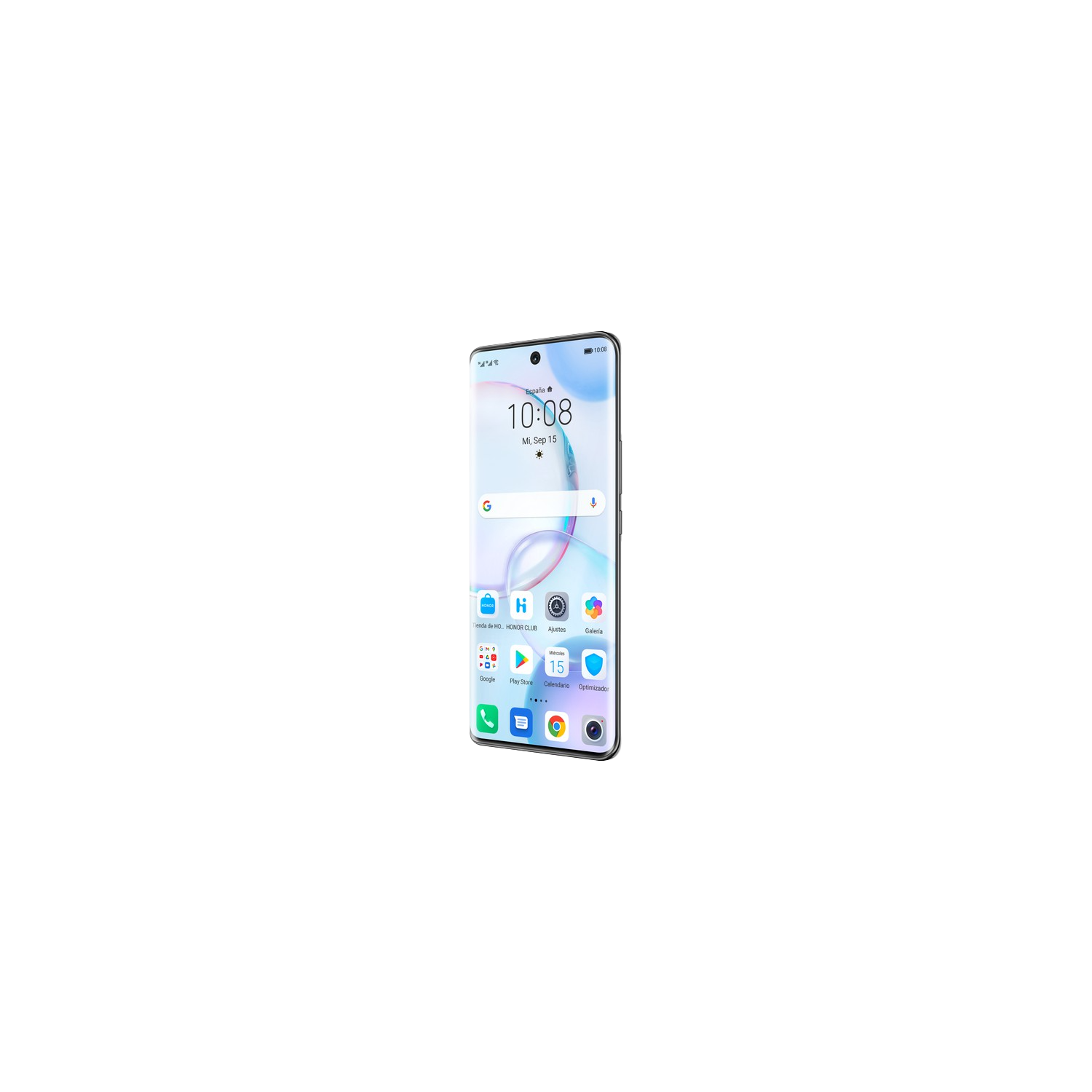 Un teléfono inteligente con pantalla brillante. Muestra aplicaciones y hora. El teléfono está en posición vertical.