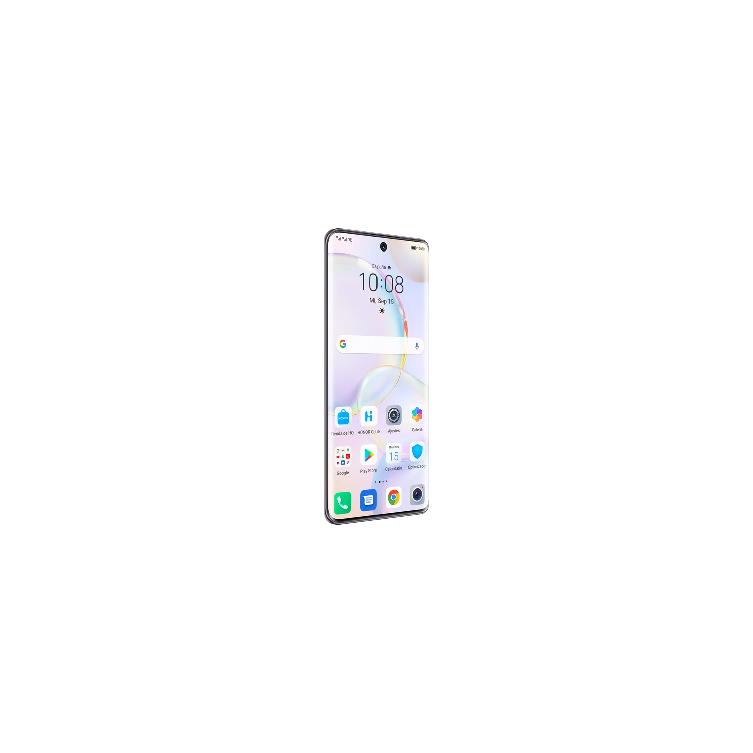 Un smartphone sobre fondo negro. La pantalla muestra una pantalla de bloqueo con hora e iconos de aplicaciones.