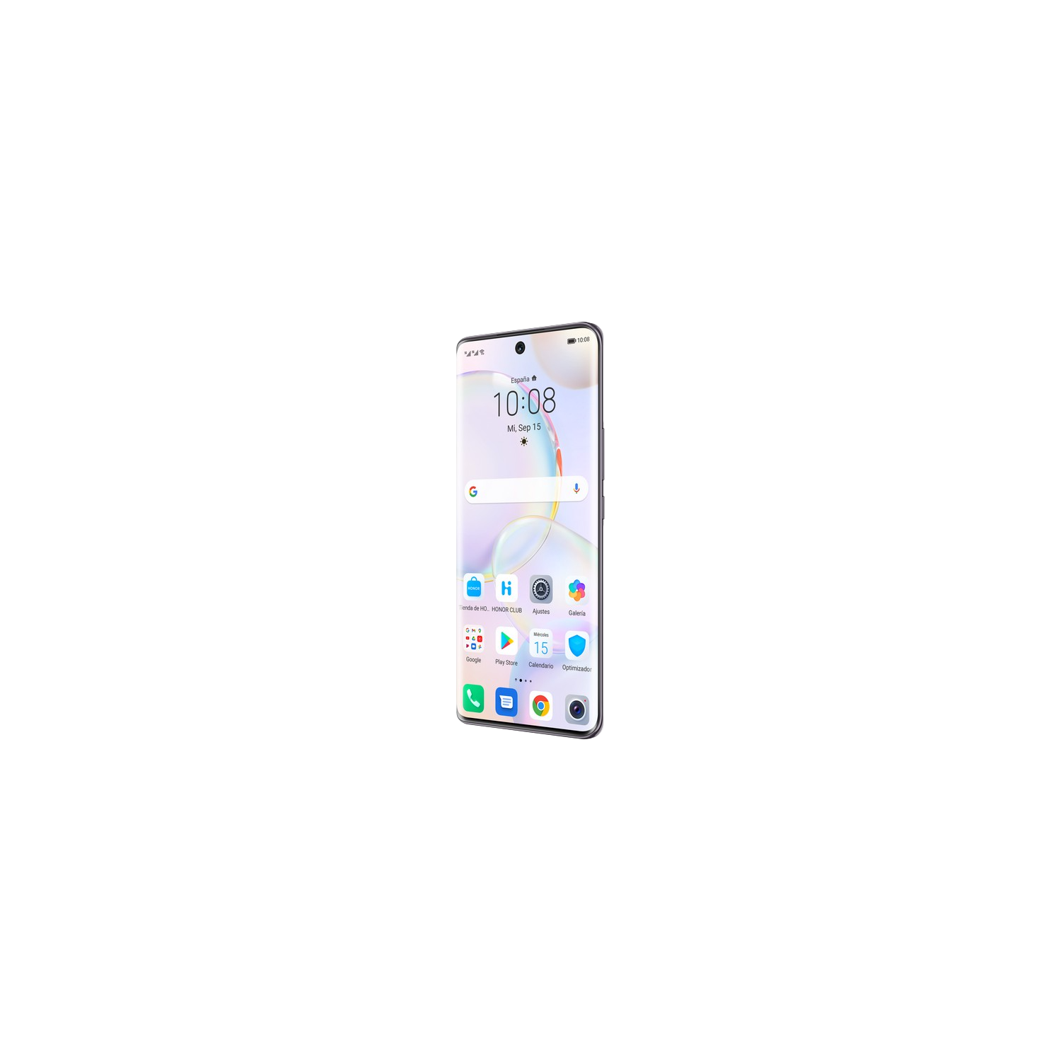 Un smartphone sobre un fondo negro mostrando la hora y las aplicaciones.
