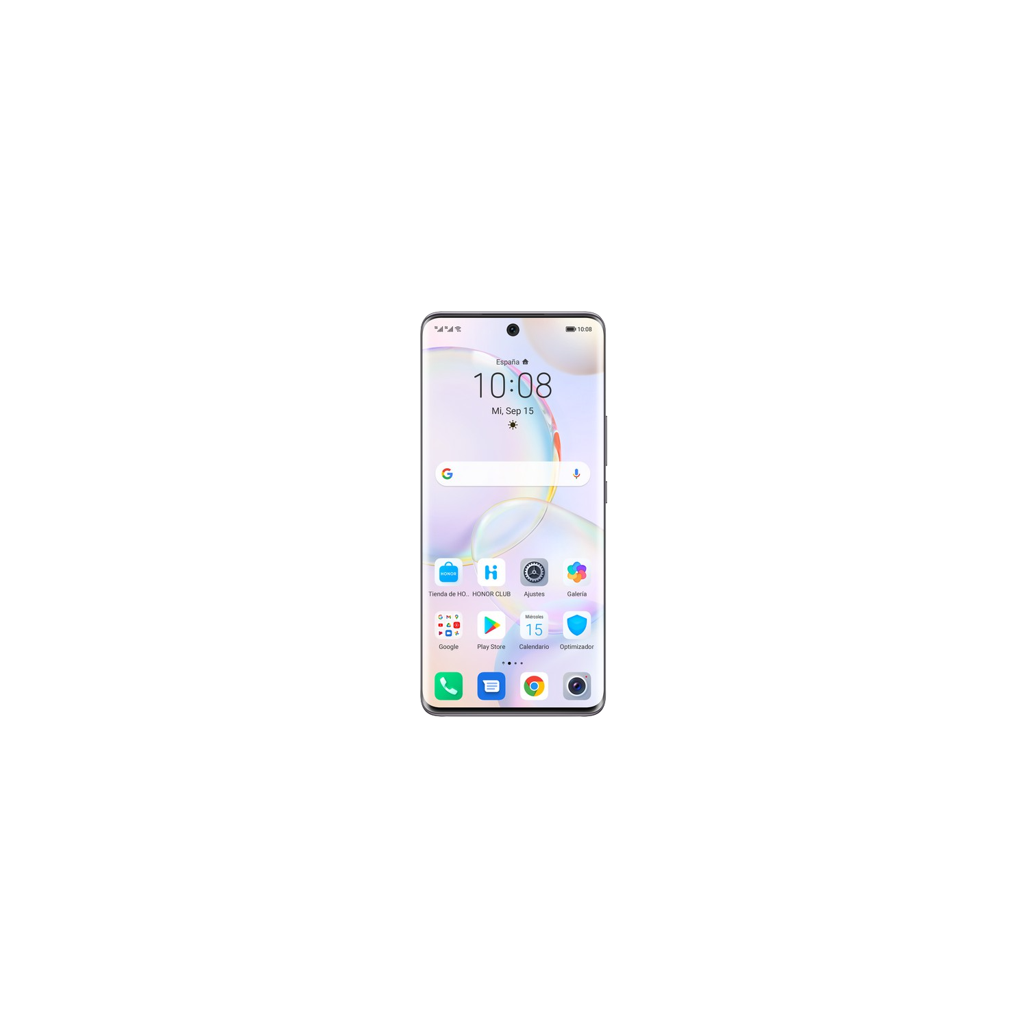 Un teléfono inteligente sobre fondo negro. La pantalla muestra la hora, fecha e iconos de aplicaciones.
