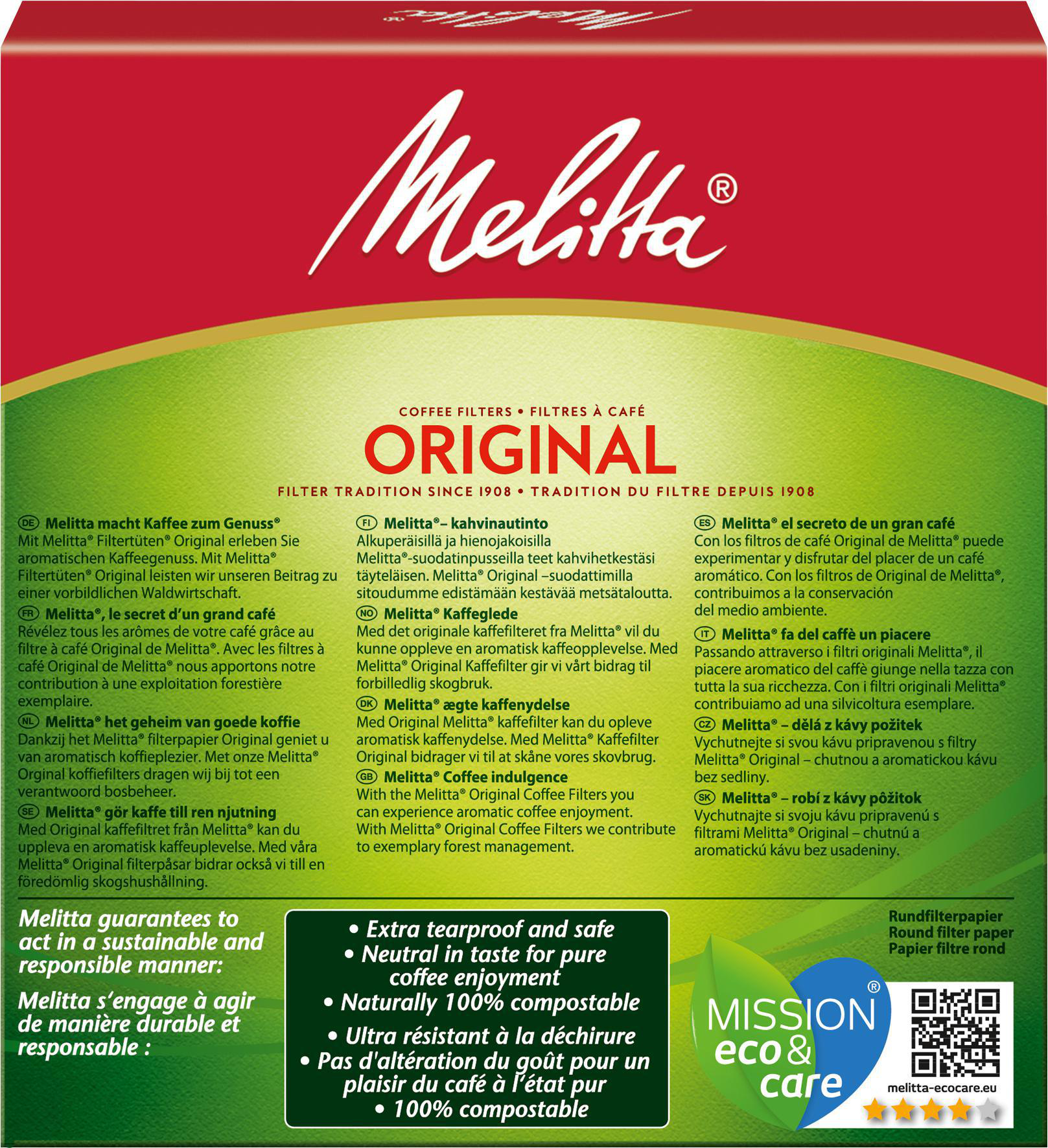 Eine Melitta Kaffeefilterbox mit Text in mehreren Sprachen. Zeigt Original Kaffee.