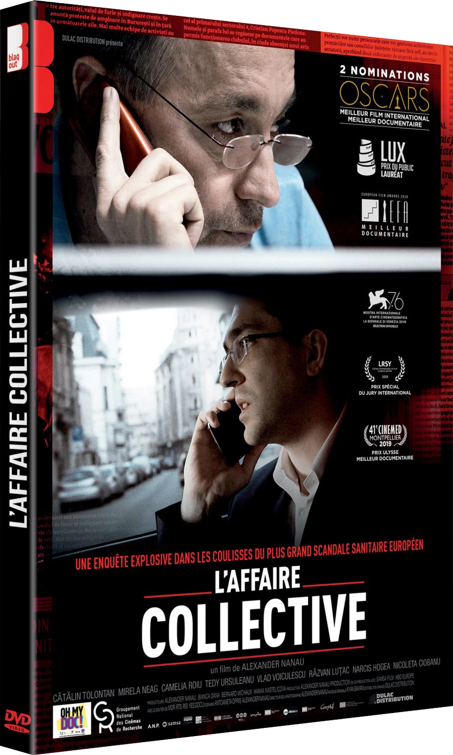 Couverture DVD du film 'L'Affaire Collective' avec deux hommes au téléphone. La couverture est rouge.