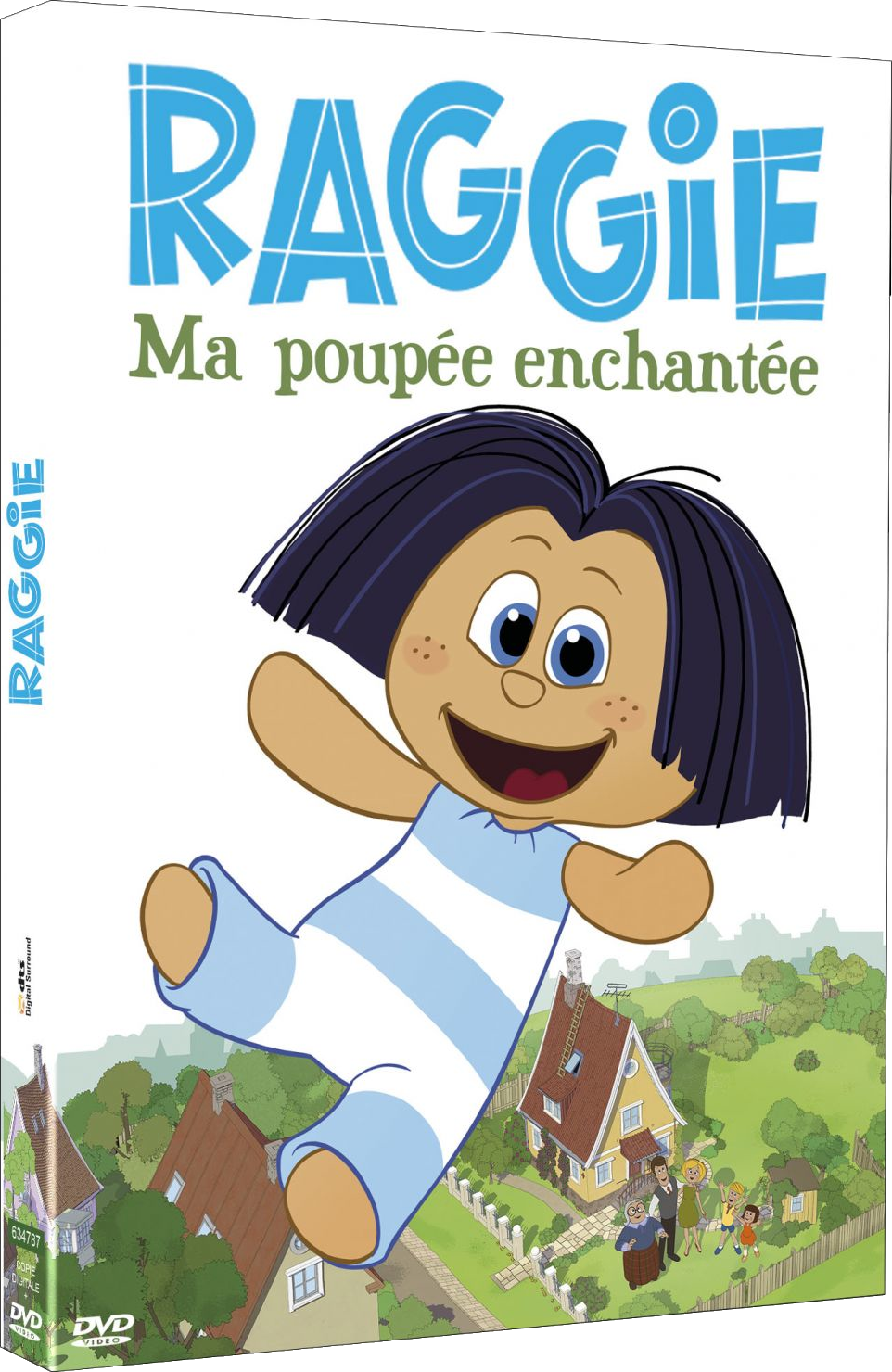 DVD-hoes: Cartoonmeisje in een blauw-witte outfit, met tekst erboven. Groene achtergrond van huizen.