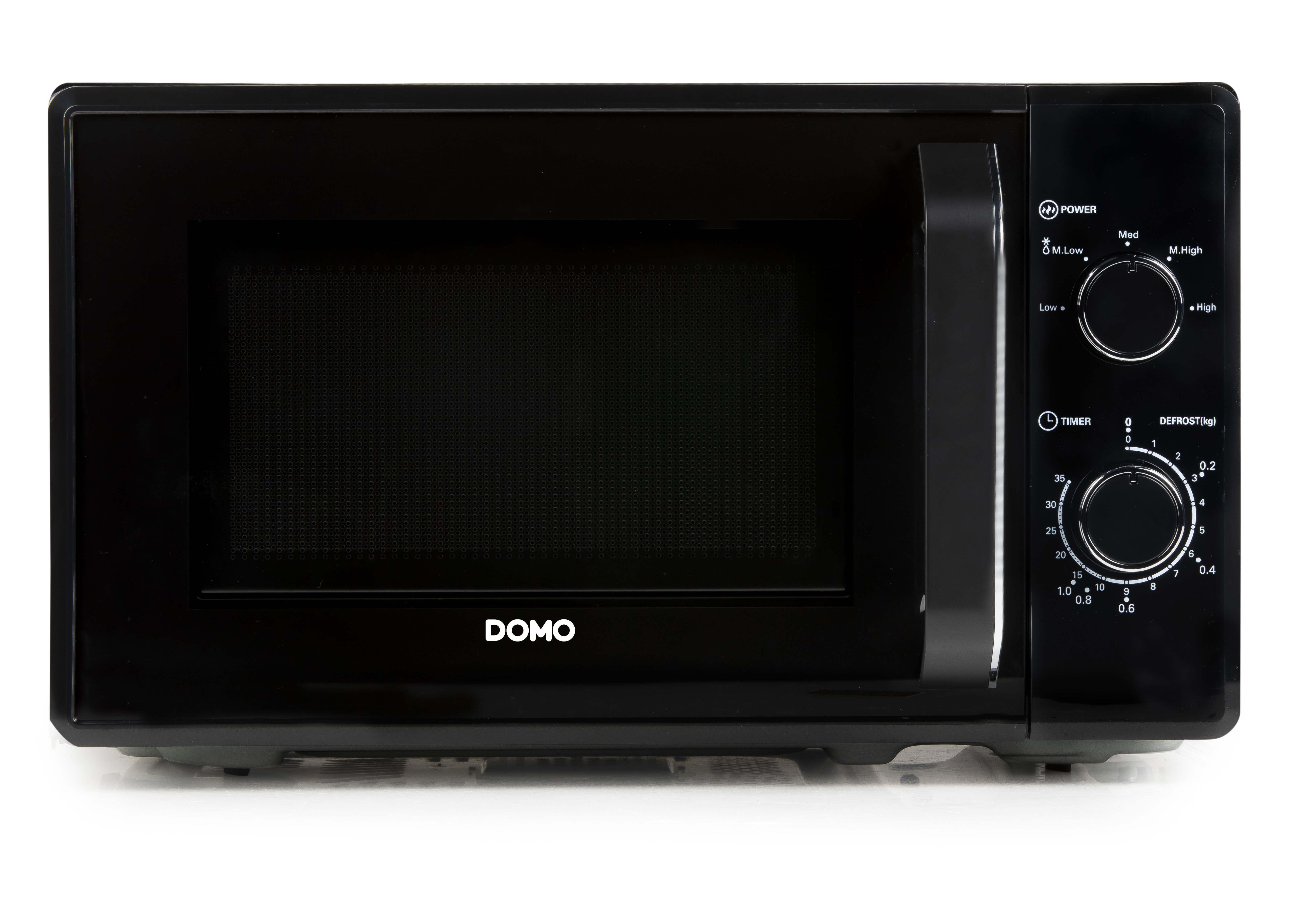 Black microwave oven with control panel on the right side. White background.