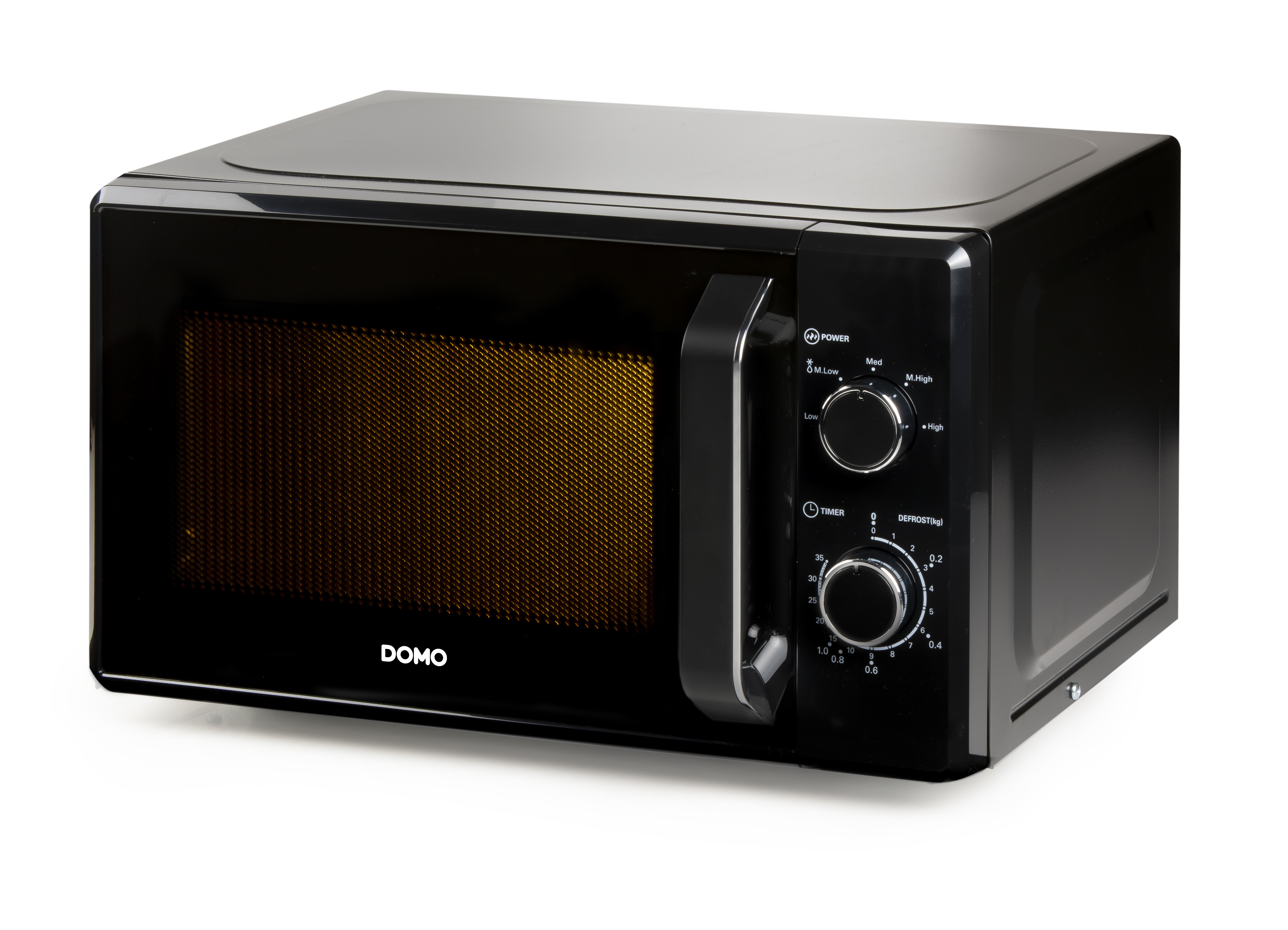 Black microwave oven on a white surface. Dials and a digital display are visible.