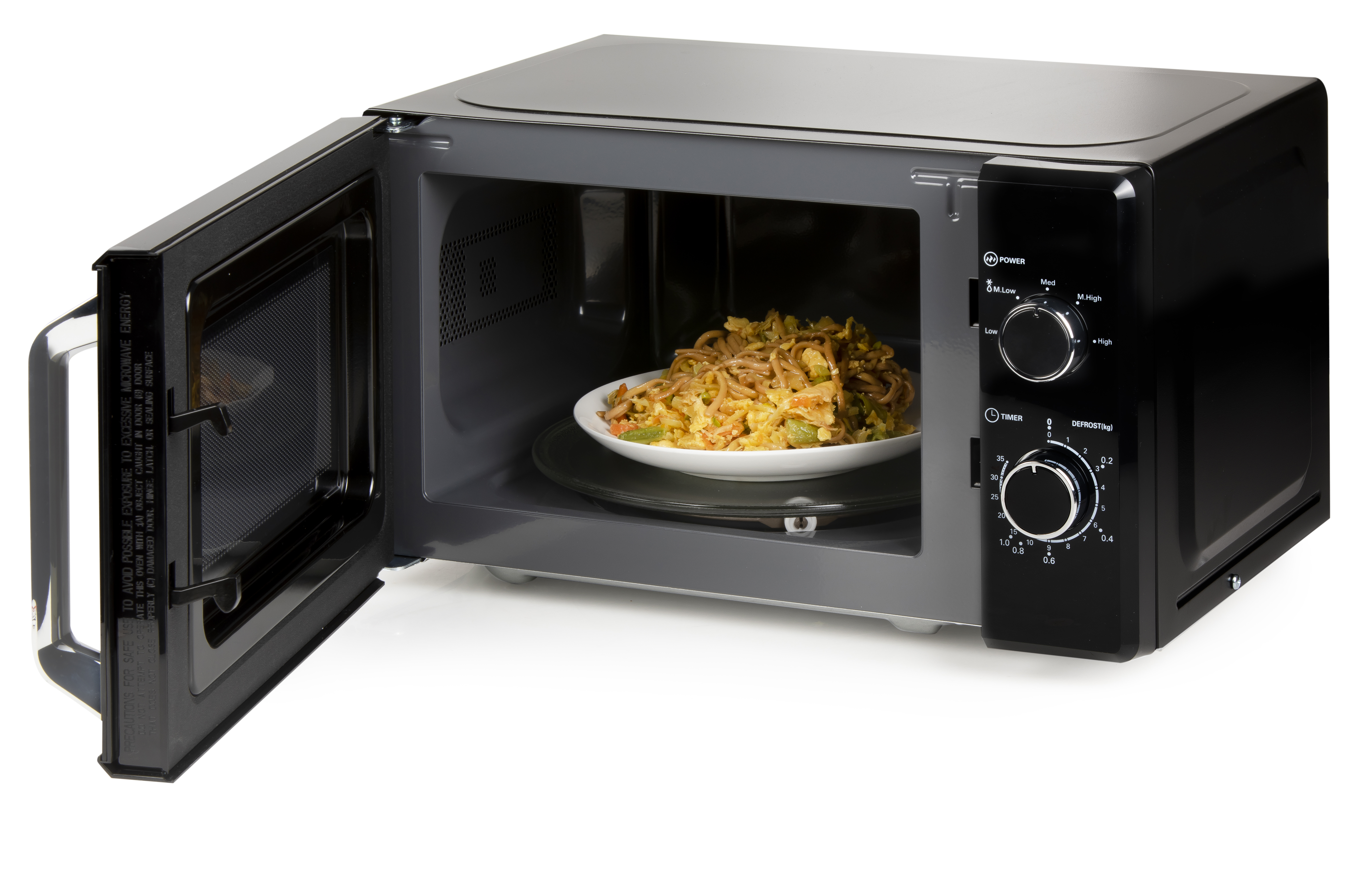 Microwave with open door; plate of food inside. Black exterior, black interior.