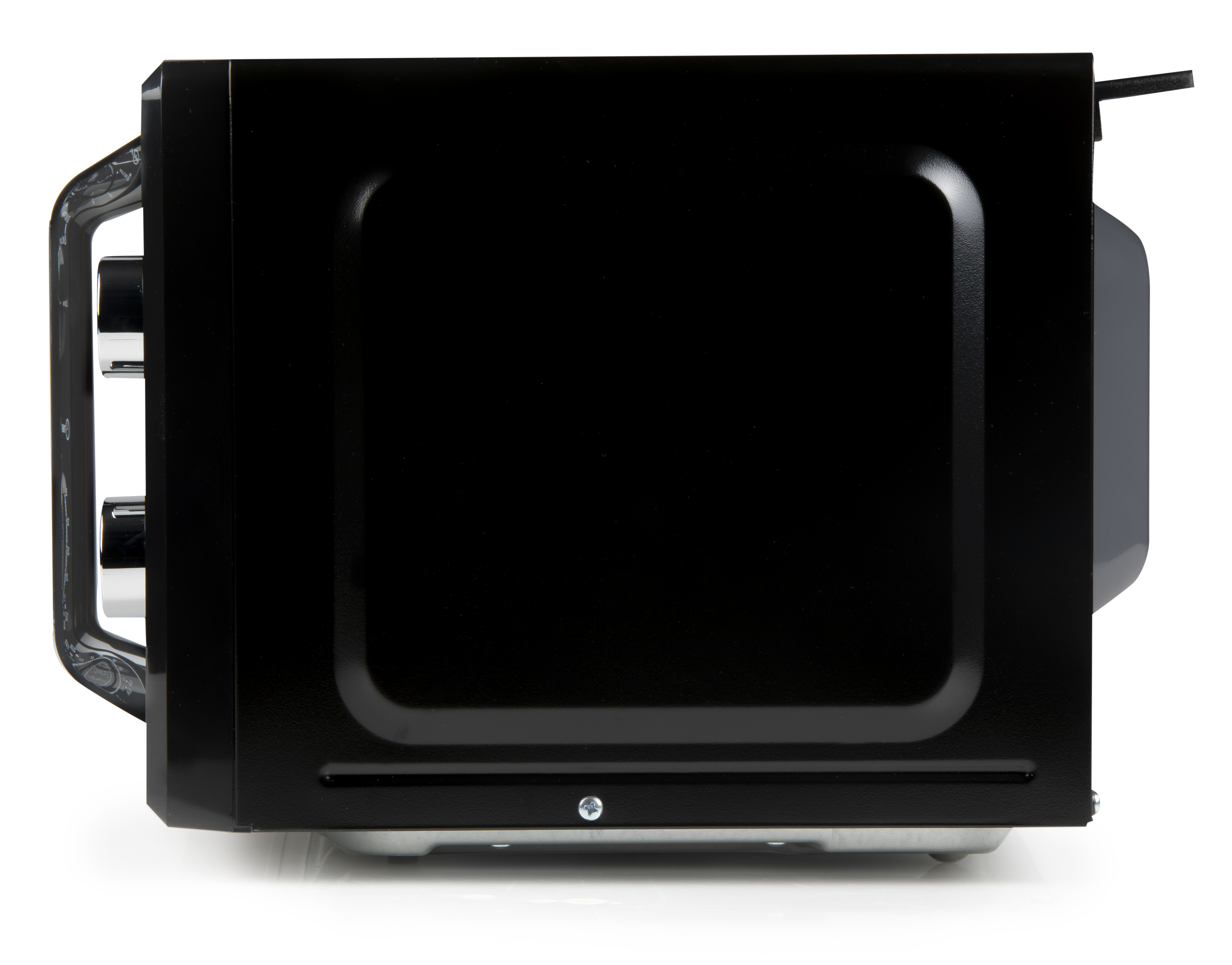 A black microwave oven. The handle, buttons, and side are visible. It is isolated.
