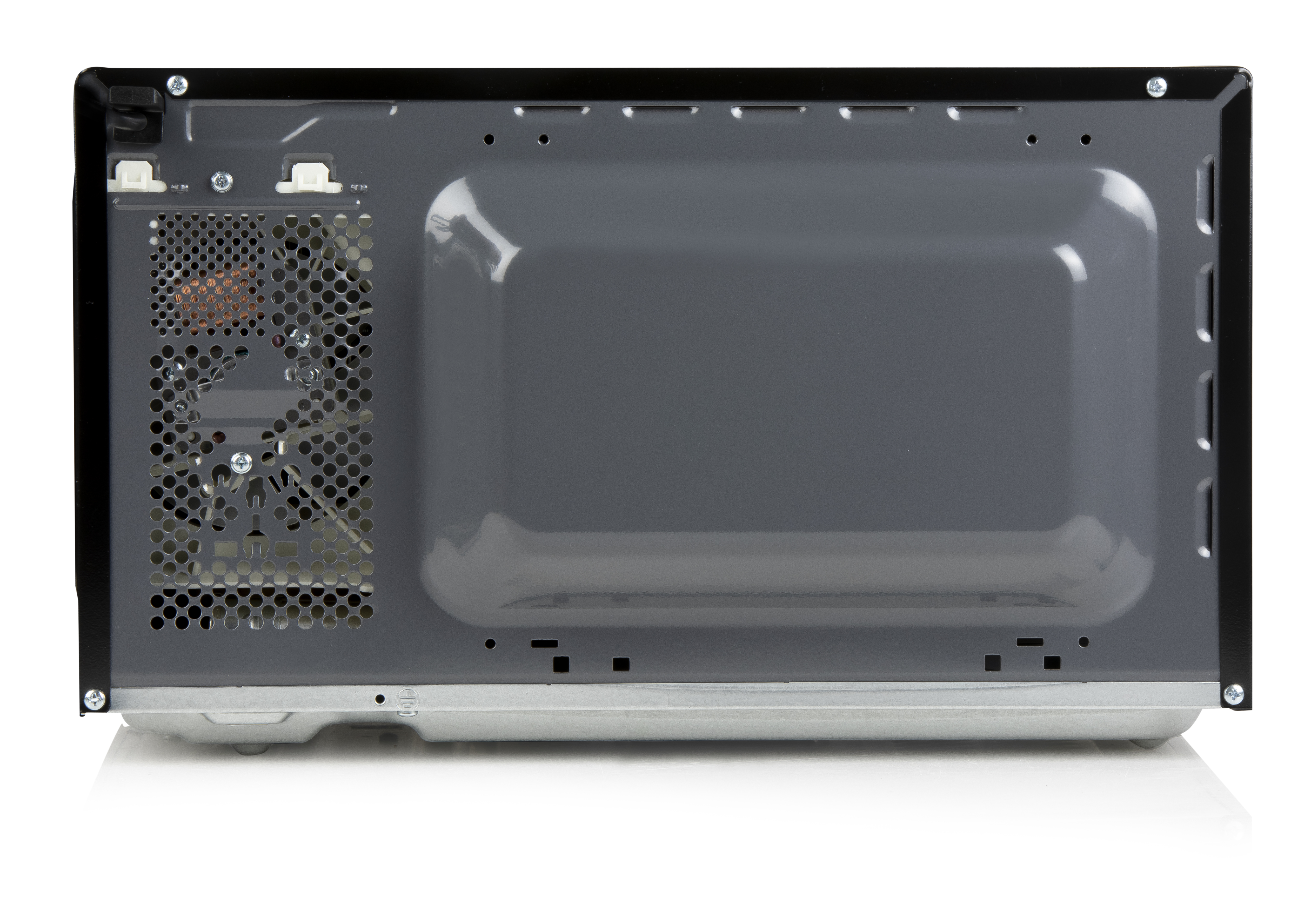 Back of a black microwave. It has a fan, a vent, and various components on a white surface.