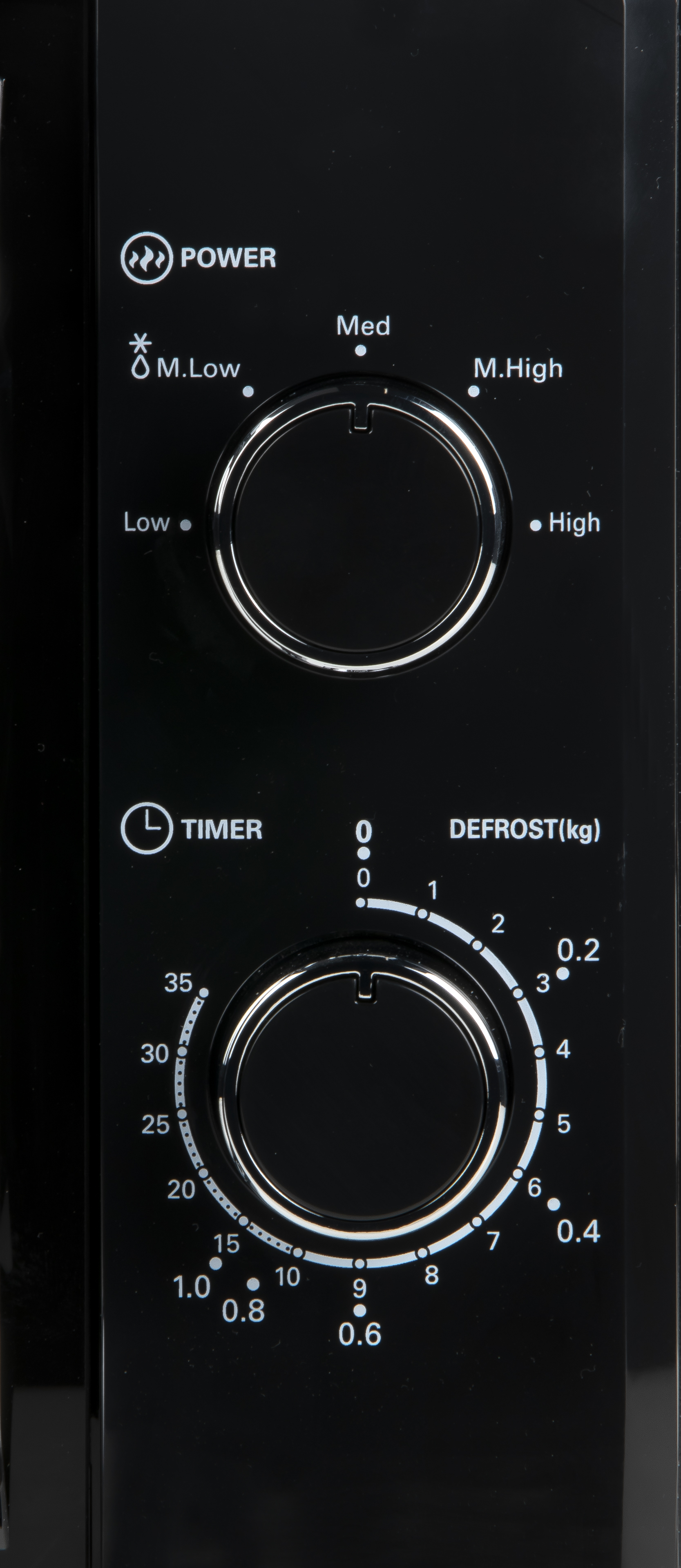 Microwave control panel. It has power, timer, and defrost settings with knobs for adjustment.