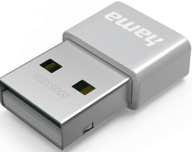 Adattatore USB argentato con 'hama' stampato, su sfondo bianco.