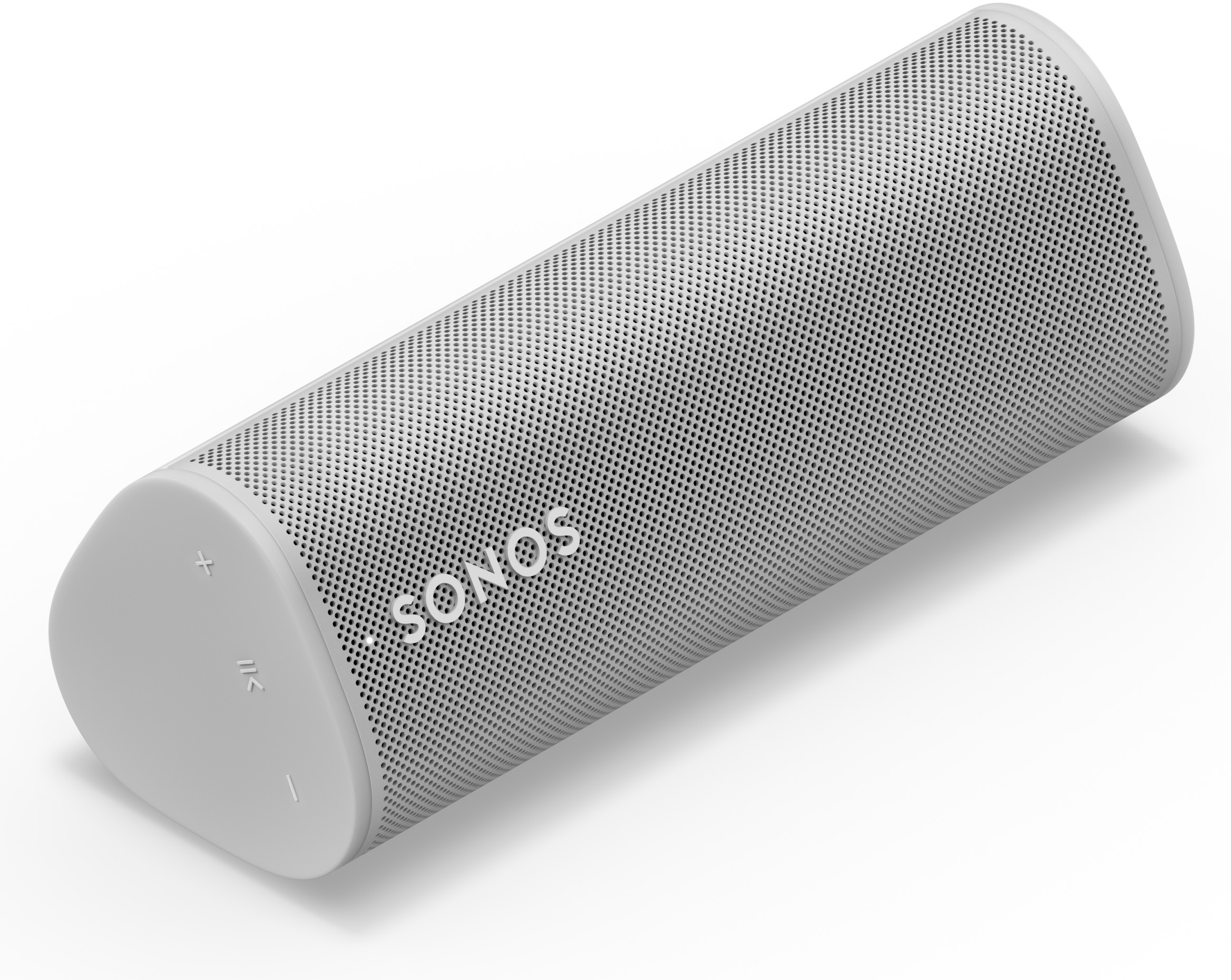 Een cilindrische witte luidspreker met het woord SONOS wordt weergegeven.