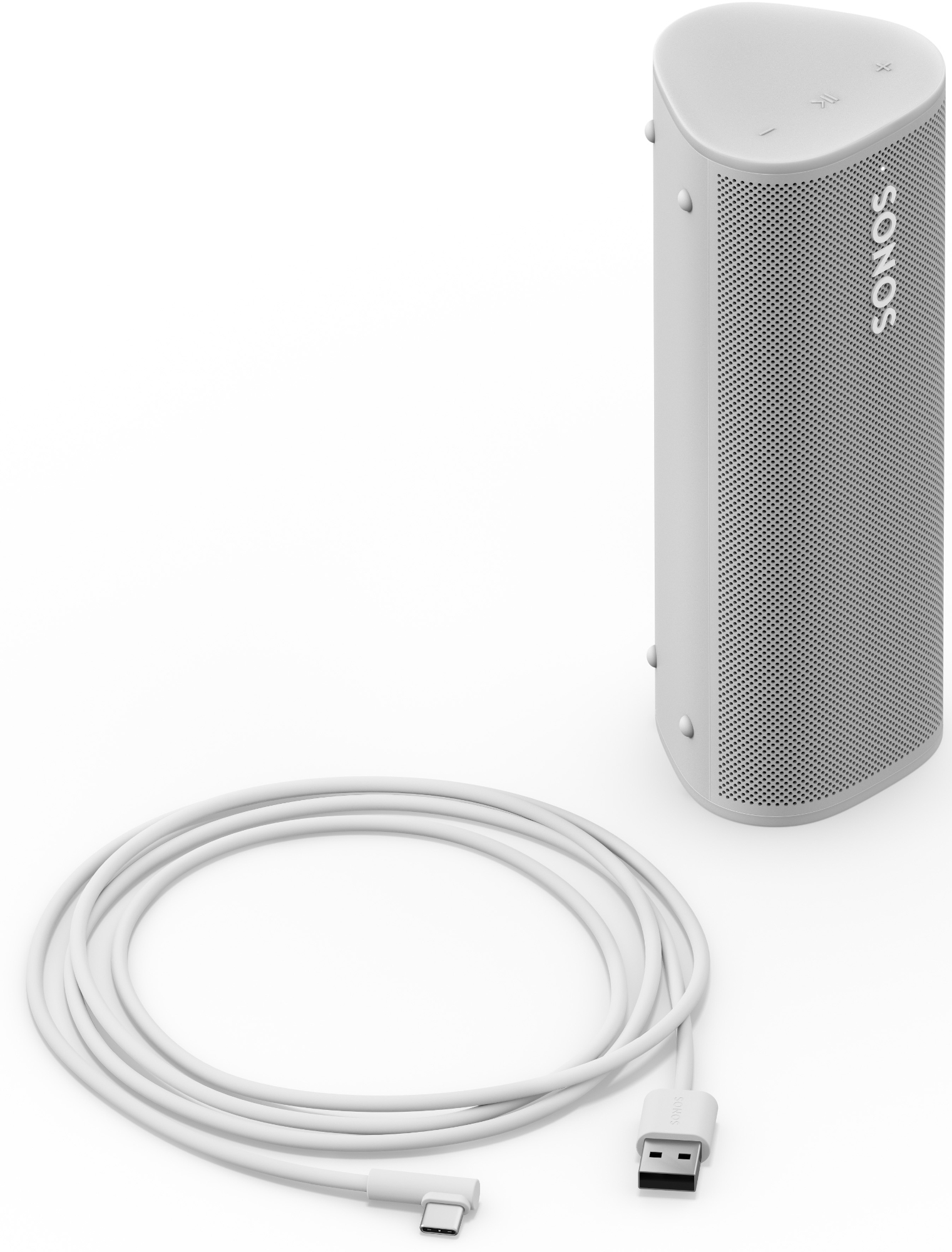 Witte luidspreker en witte kabel op witte achtergrond.