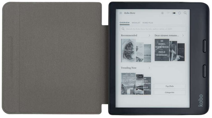E-reader met open hoes, met een boekwinkelinterface.