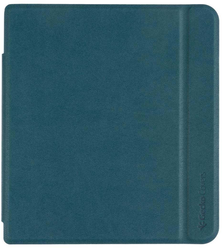 Een blauwgroene tablethoes, gesloten en plat liggend.