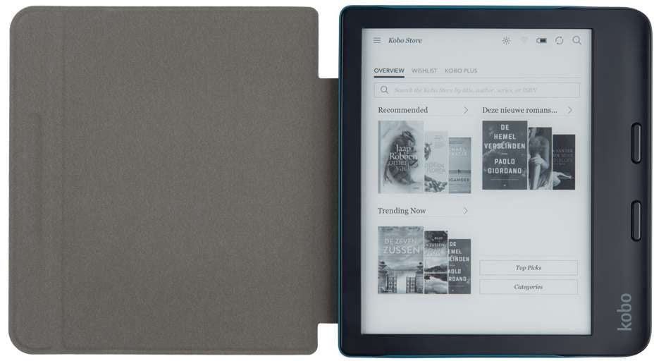 E-reader met open cover, toont de boekenlijst. Tekst in het Nederlands.