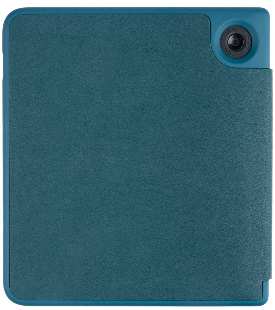 Teal tablet hoes met een aan/uit-knop.