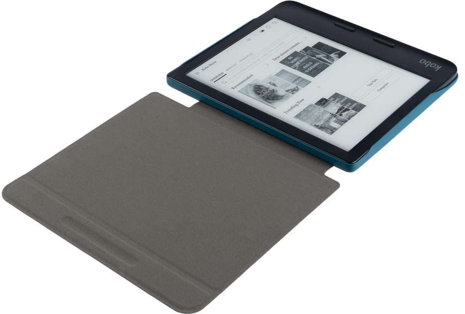 Kobo e-reader met open cover, toont scherm met boektitels, schuine weergave.