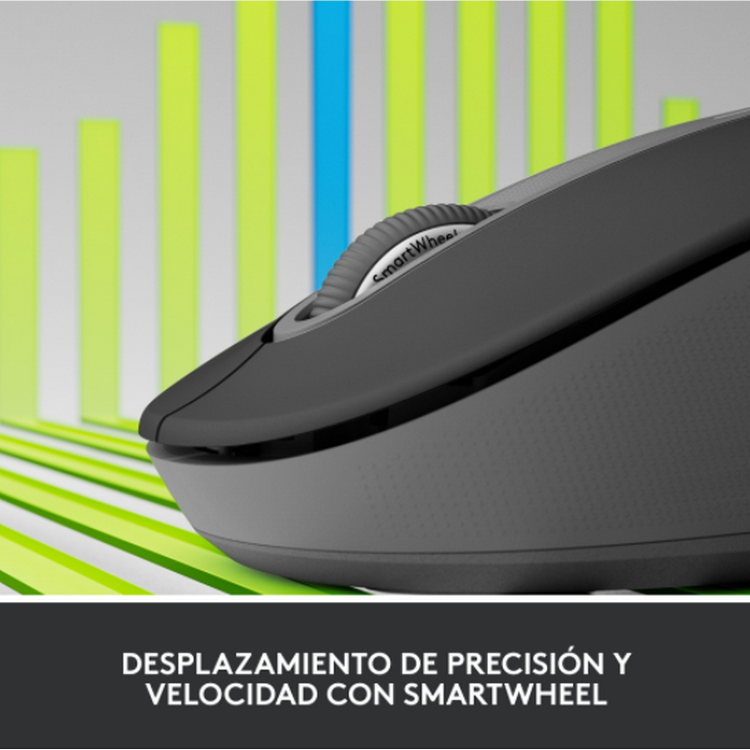 Ratón negro con rueda de desplazamiento y botones laterales. Texto: 'DESPLAZAMIENTO DE PRECISIÓN'.