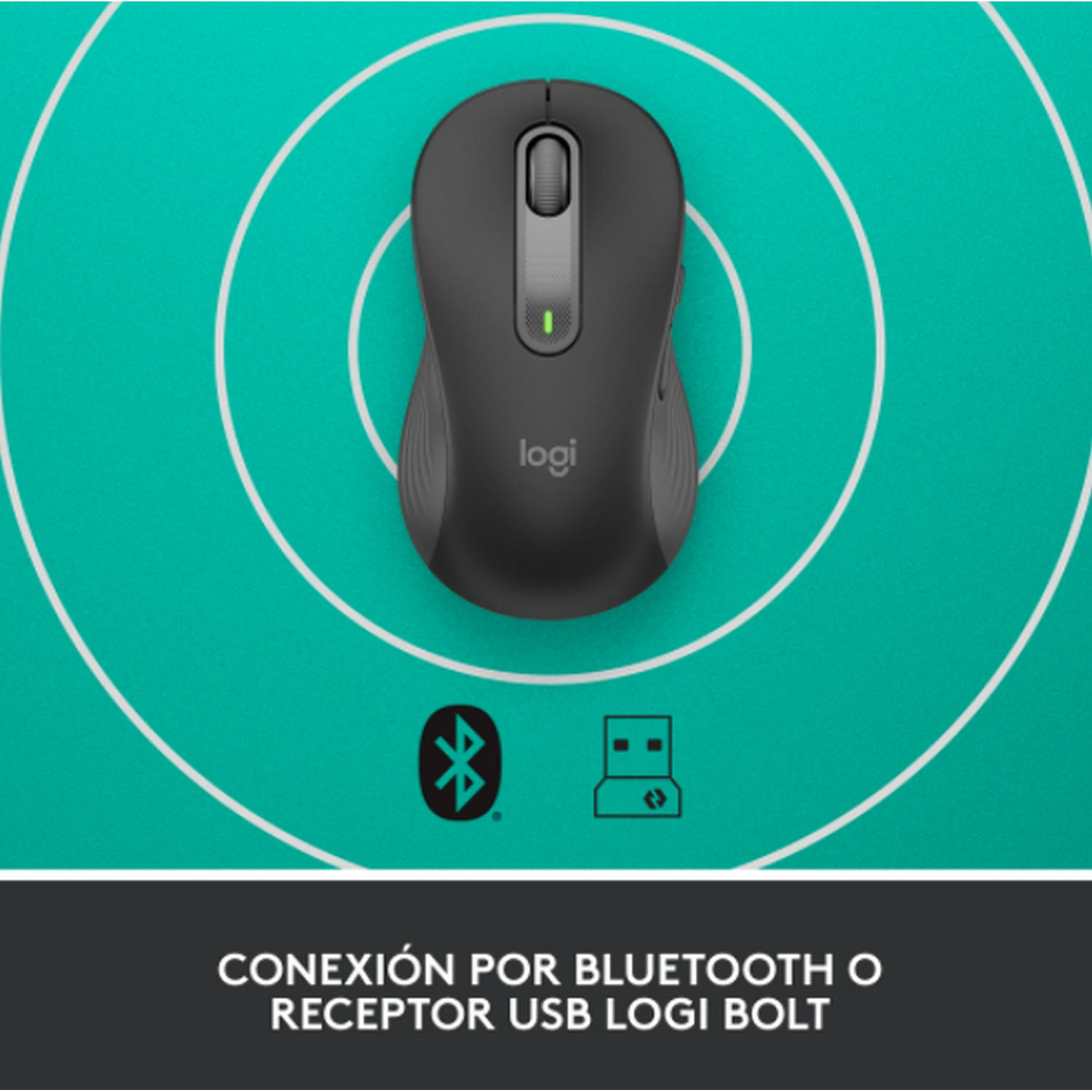 Un ratón Logitech negro con una luz verde. Está sobre un fondo verde azulado con círculos.