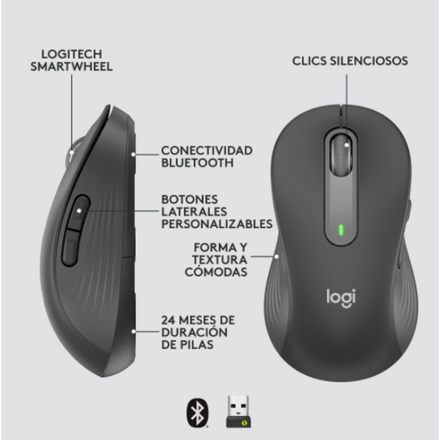 Ratón Logitech con botones laterales, Bluetooth y clics silenciosos, con texto explicativo.