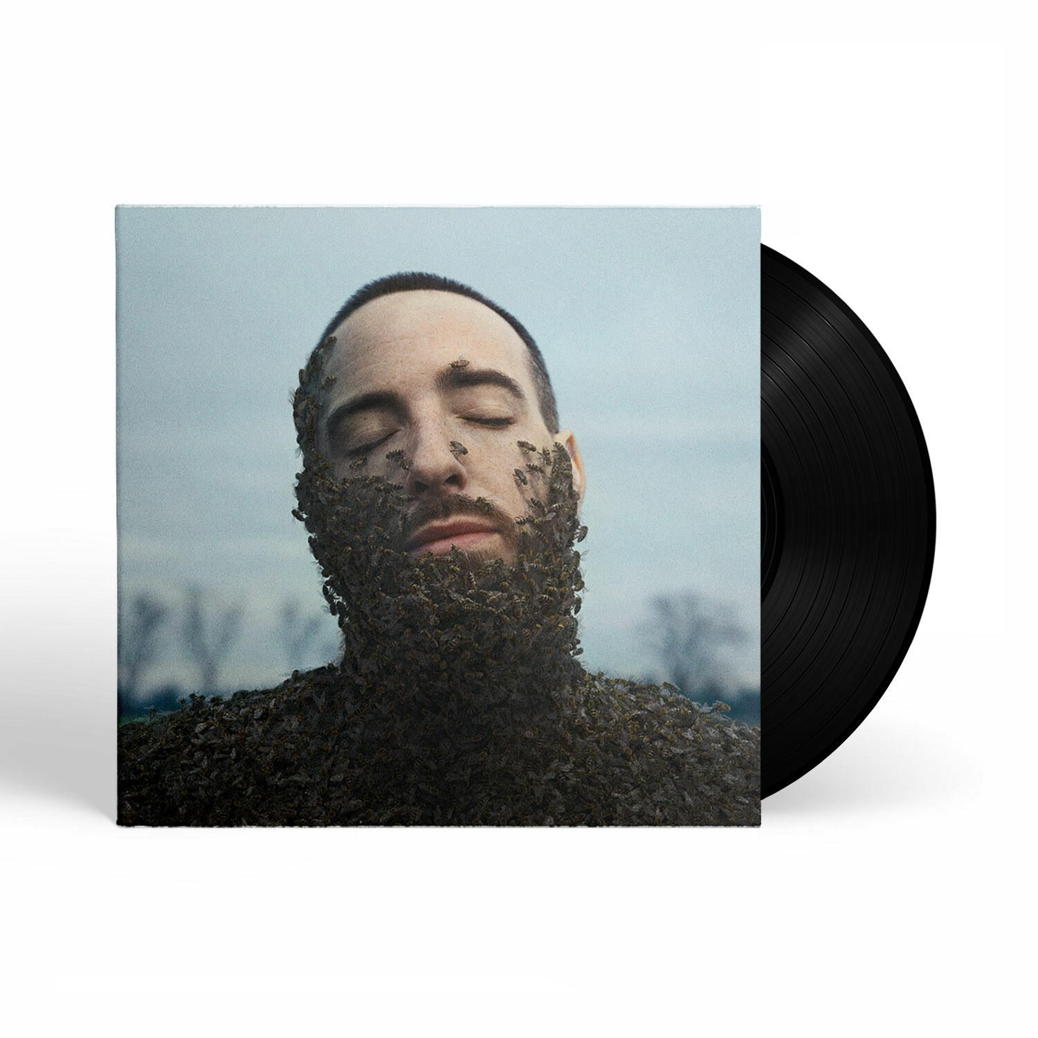 Albumcover: Gesicht eines Mannes bedeckt mit Bienen, Augen geschlossen. Schwarze Schallplatte rechts.