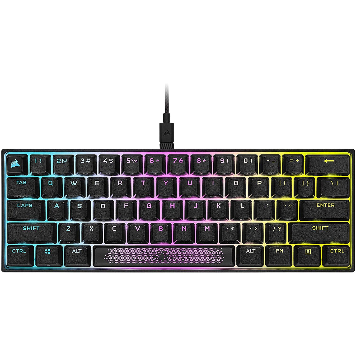 Un teclado negro y compacto con iluminación LED colorida.