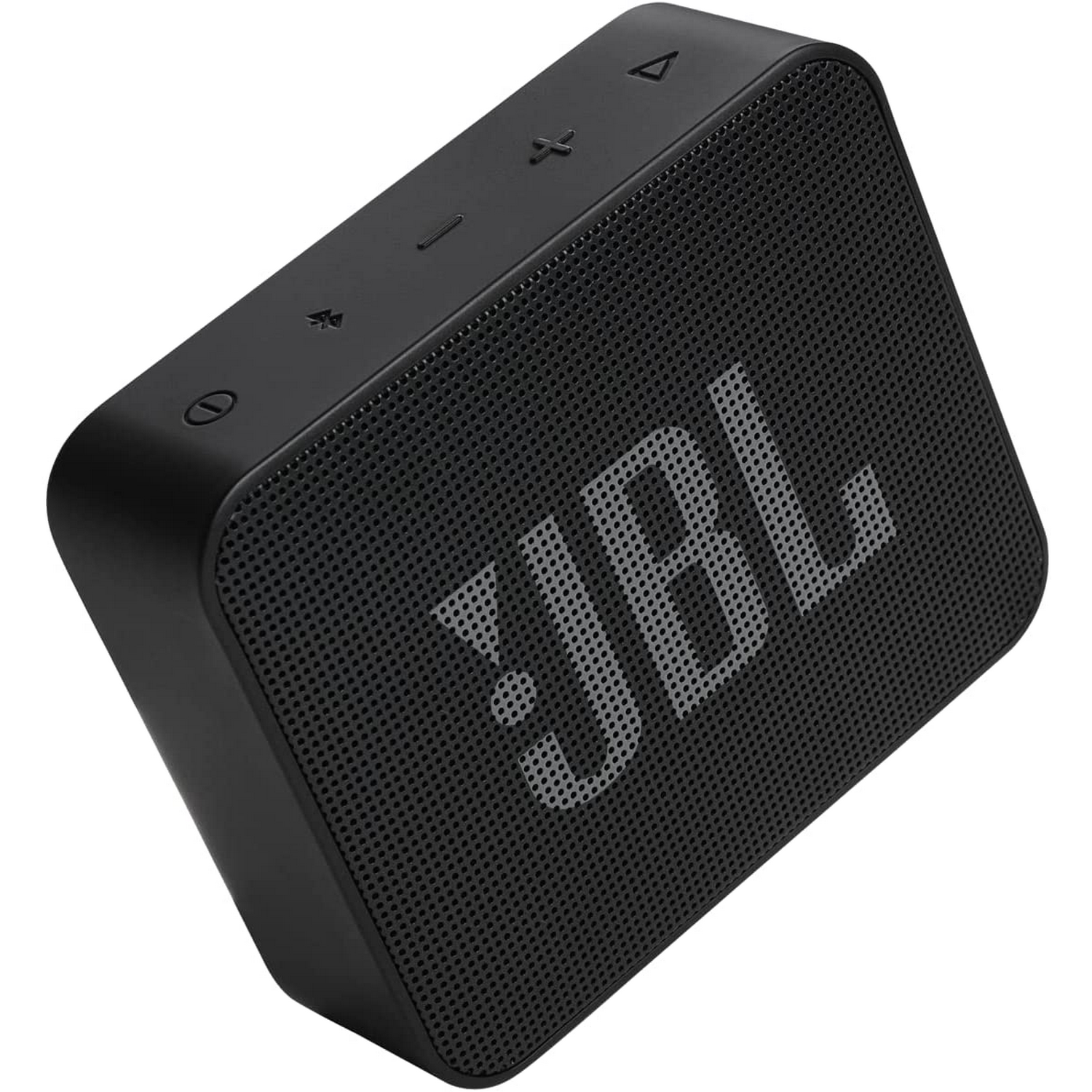 Un altavoz JBL negro. El altavoz tiene el logotipo de JBL en blanco y botones de control.