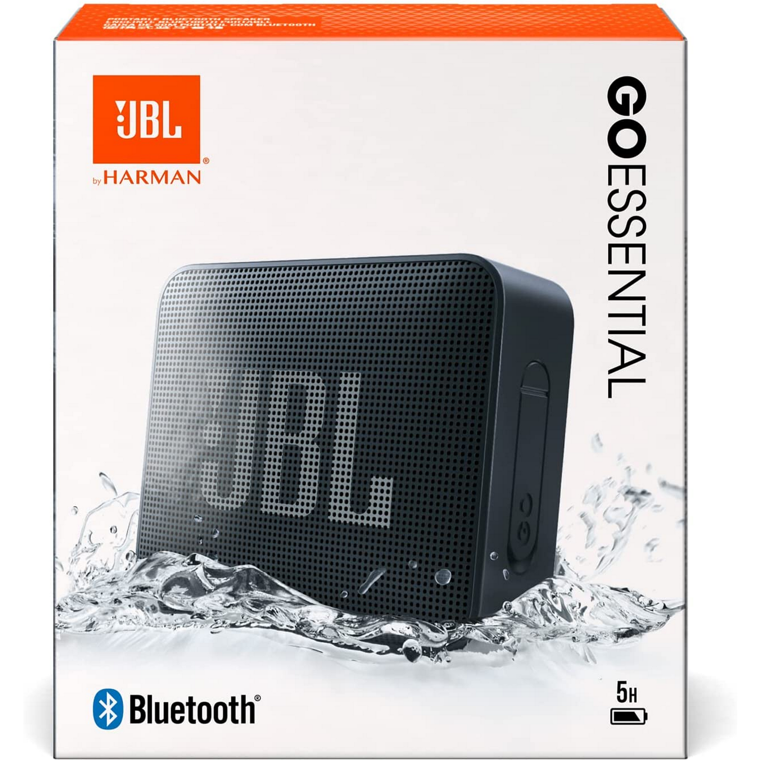 Altavoz JBL negro en caja, salpicando agua. Logotipo Bluetooth abajo. Caja naranja y negra.
