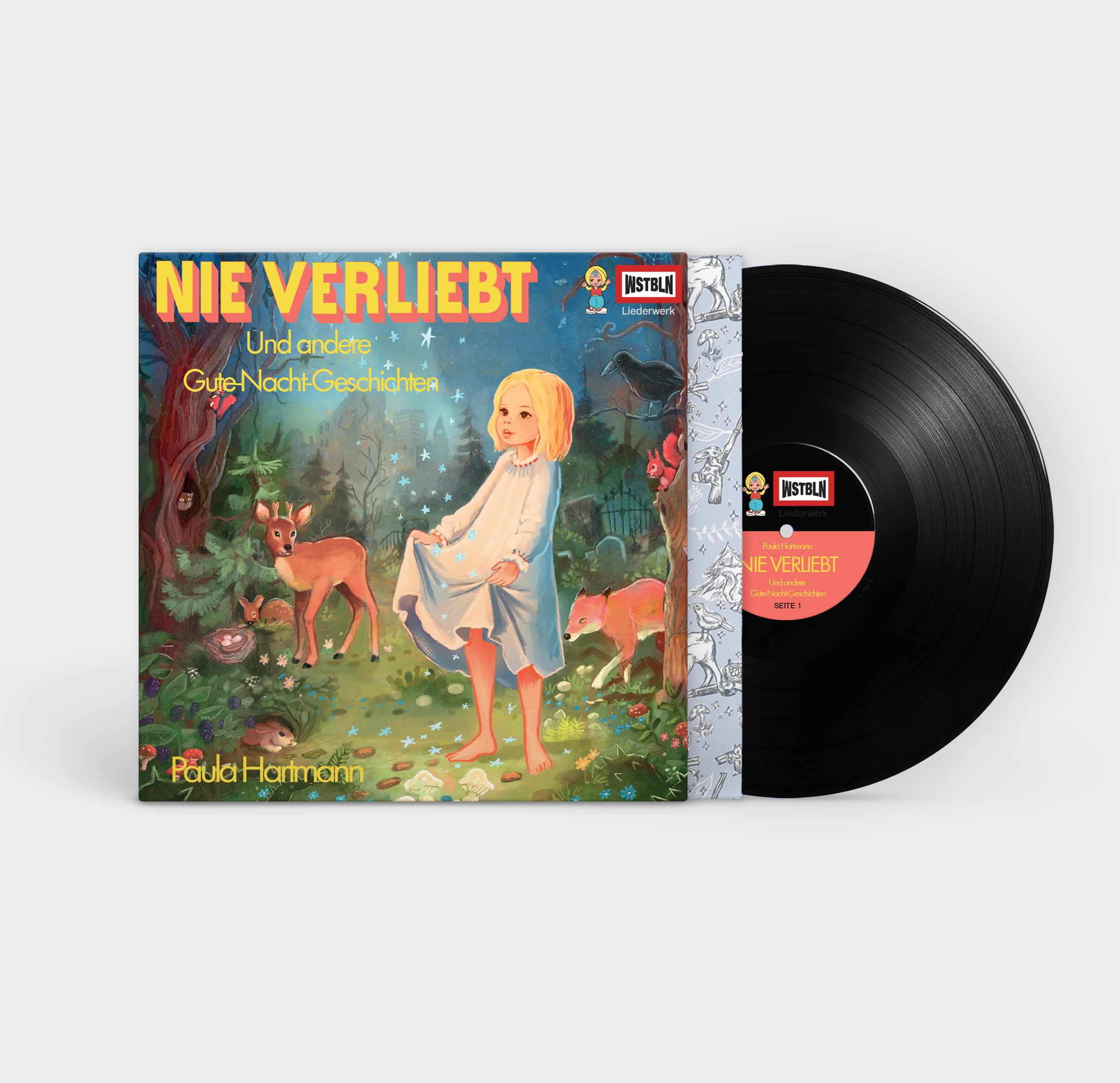 Albumcover für eine Schallplatte. Ein Mädchen im weißen Kleid, ein Reh und ein Fuchs.