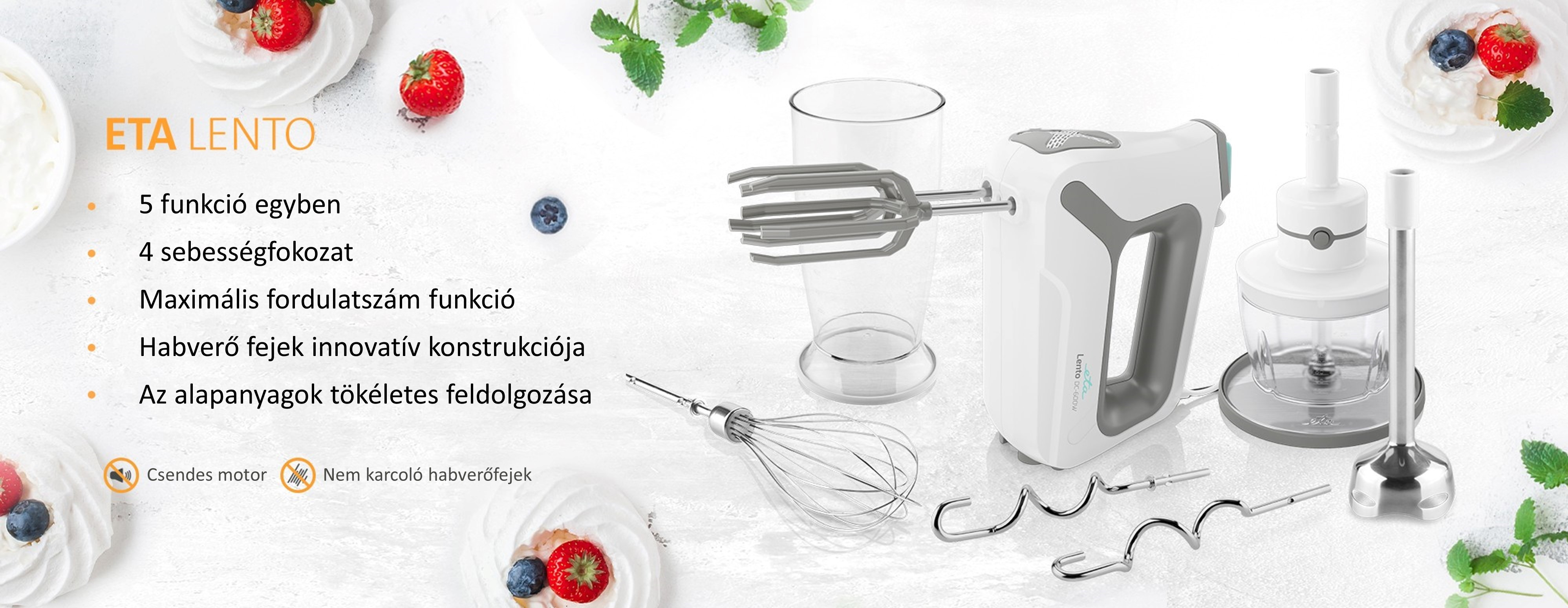 Fehér konyhai mixer kiegészítőkkel fehér felületen, szöveggel.