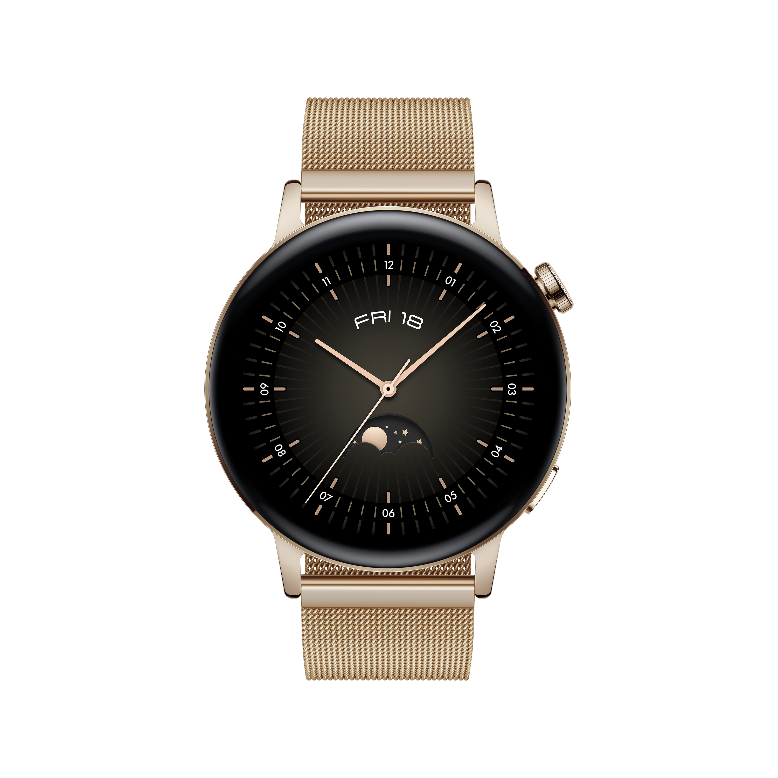 Smartwatch dorada con esfera negra que muestra la fecha y hora. Correa de malla y botón lateral.
